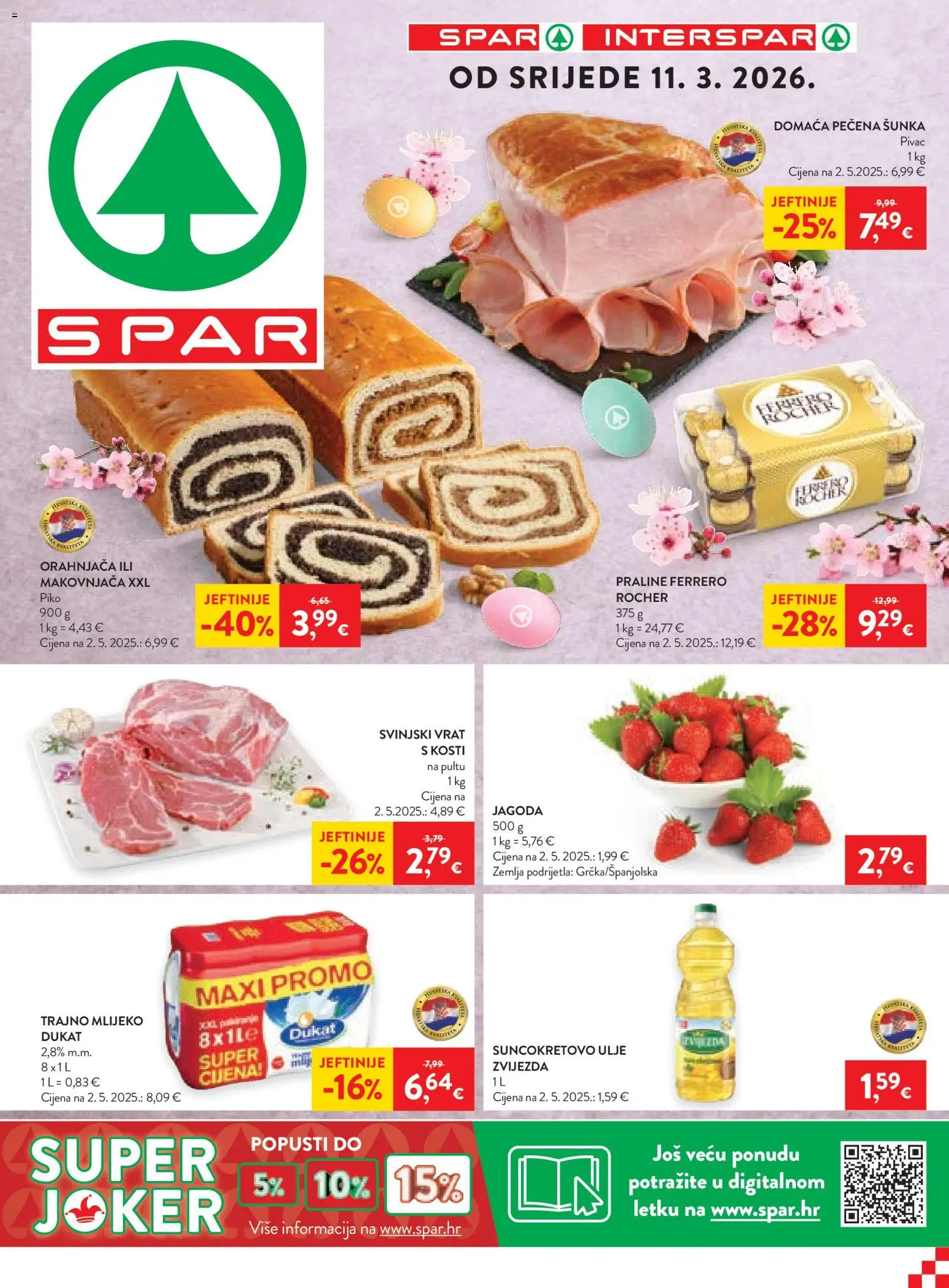 Spar katalog | vrijedi od 08.03.2026 | Stranica: 1 | Proizvodi: Praline, Mlijeko, Šunka, Trajno mlijeko