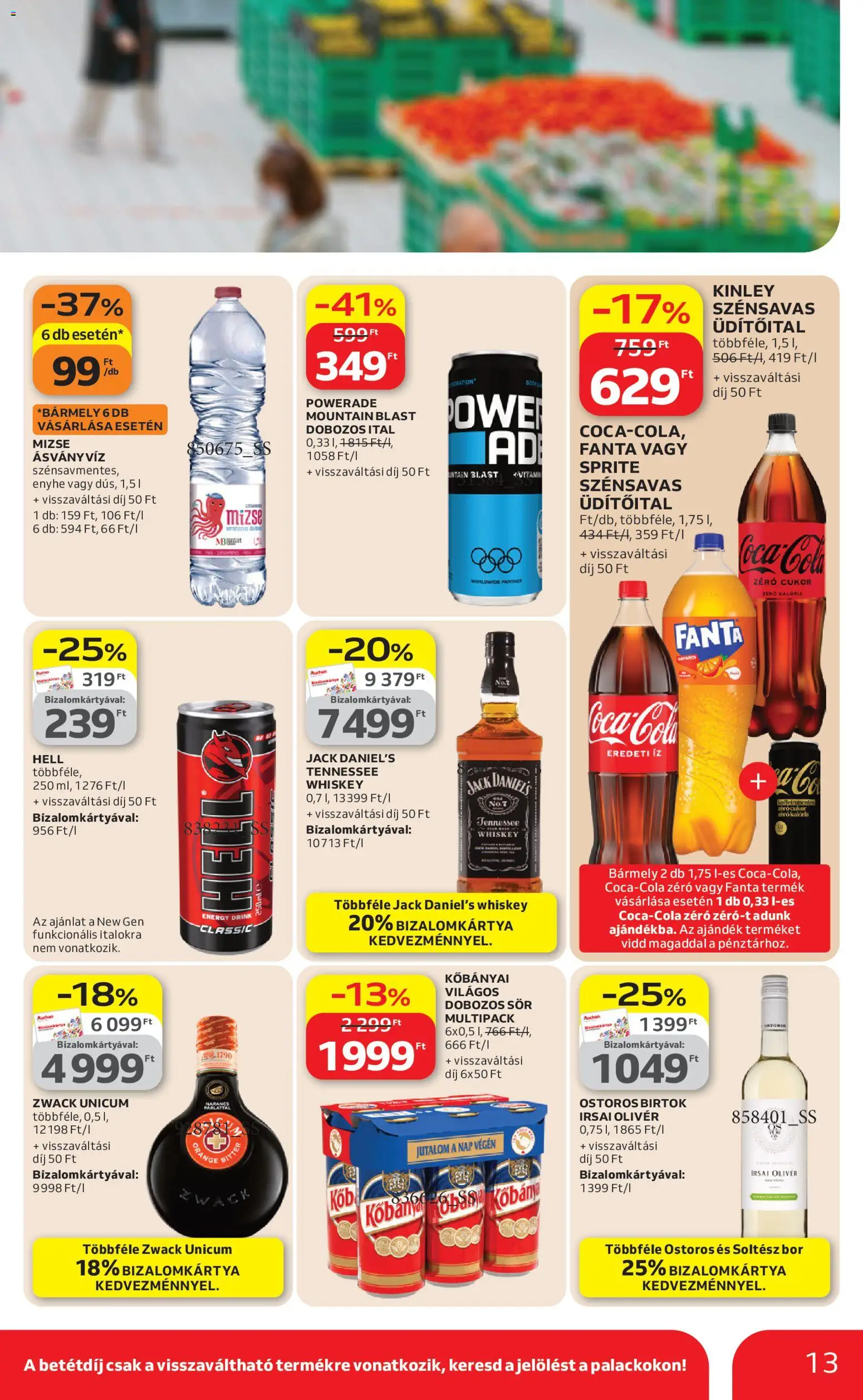 Auchan akciós ujság - amely érvényes a következő dátumtól: 09.04.2026 | Oldal: 13 | Termékek: Fanta, Whiskey, Dobozos sör, Sör