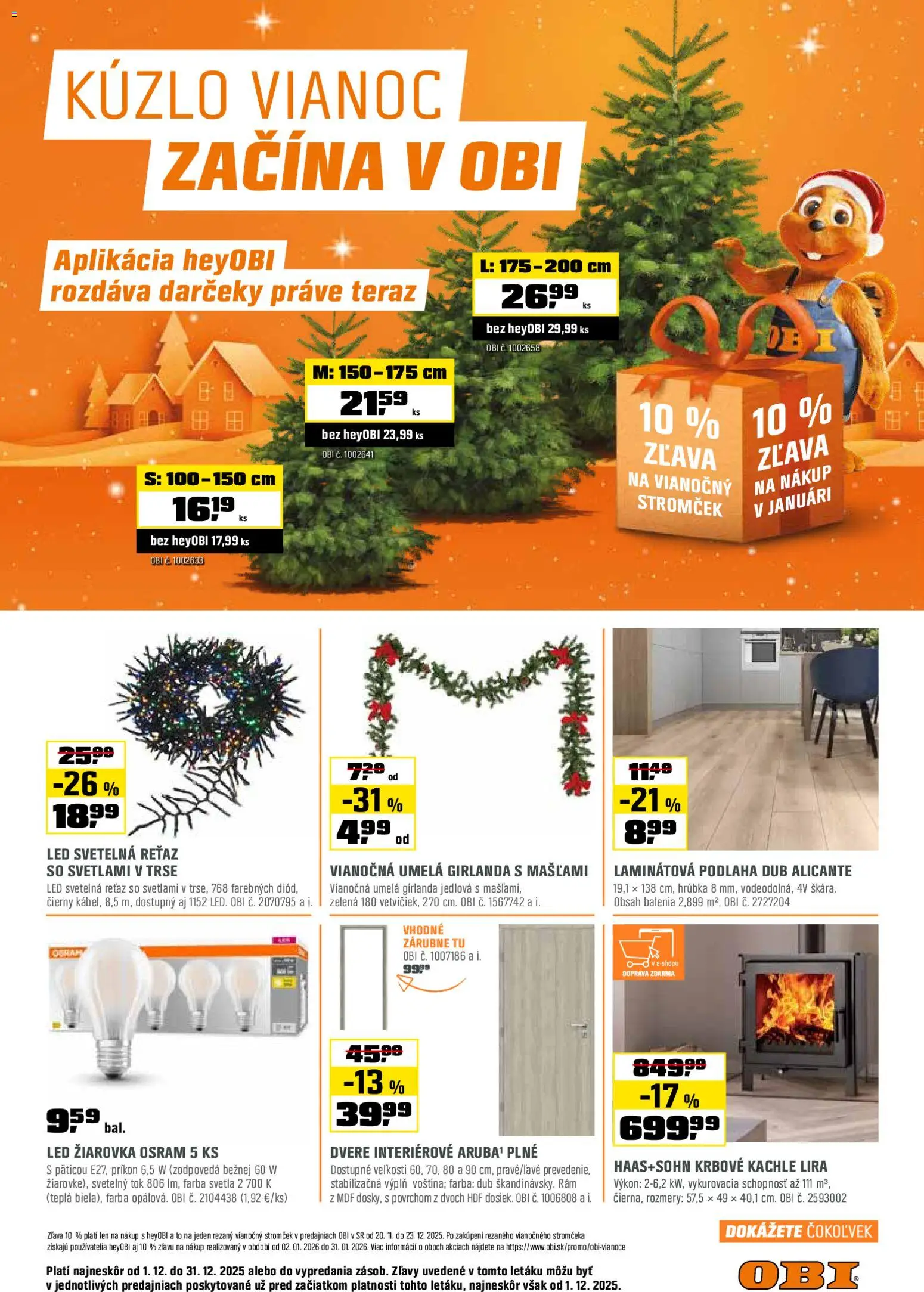 Nové OBI akcie – leták je platný od 01.12.2025 | Strana: 1 | Produkty: Žiarovka, Dvere interiérové, Krbové kachle, Kachle