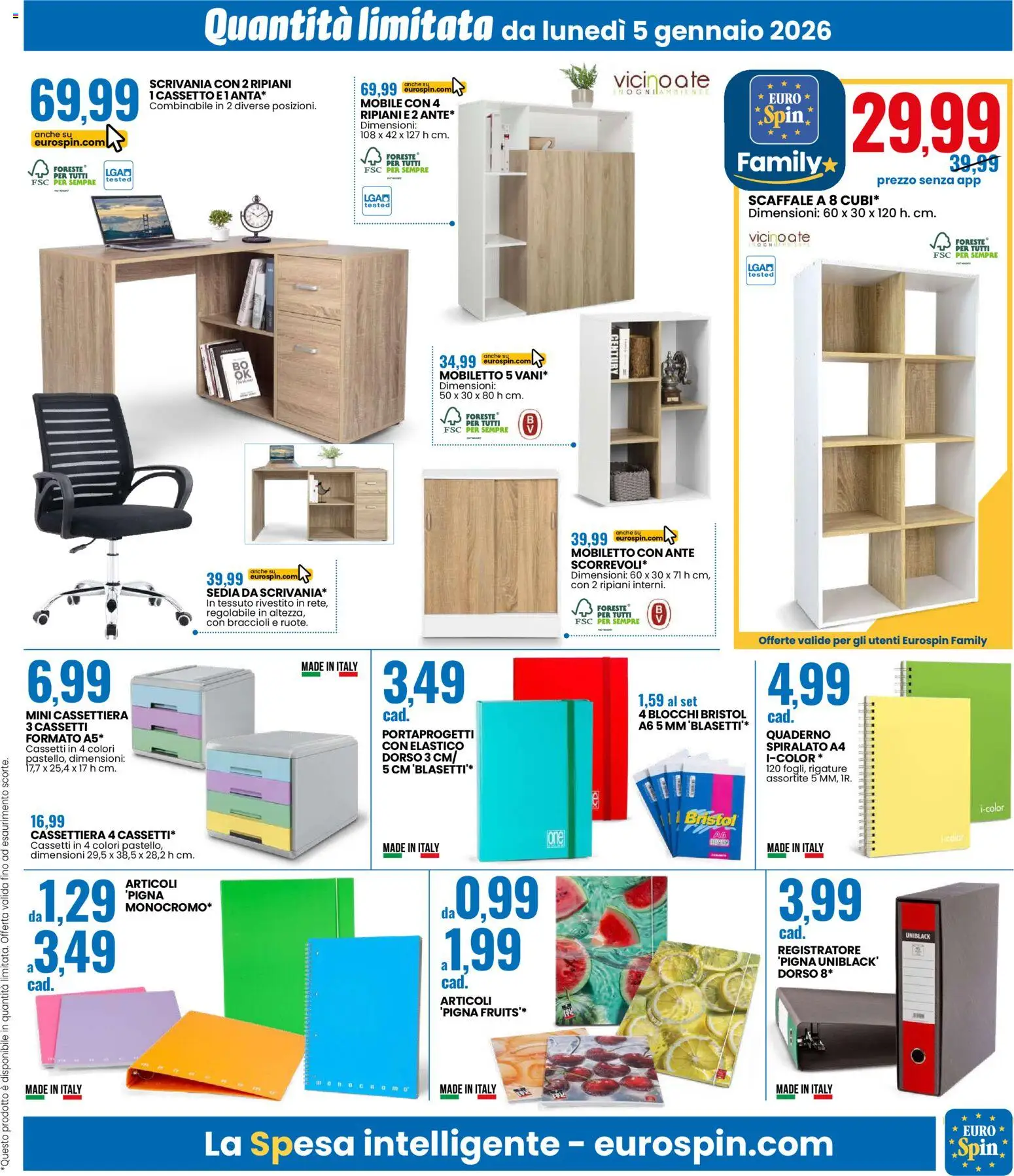 Volantino Eurospin del 05.01.2026 | Pagina: 13 | Prodotti: Braccioli, Scaffale, Quaderno, Sedia