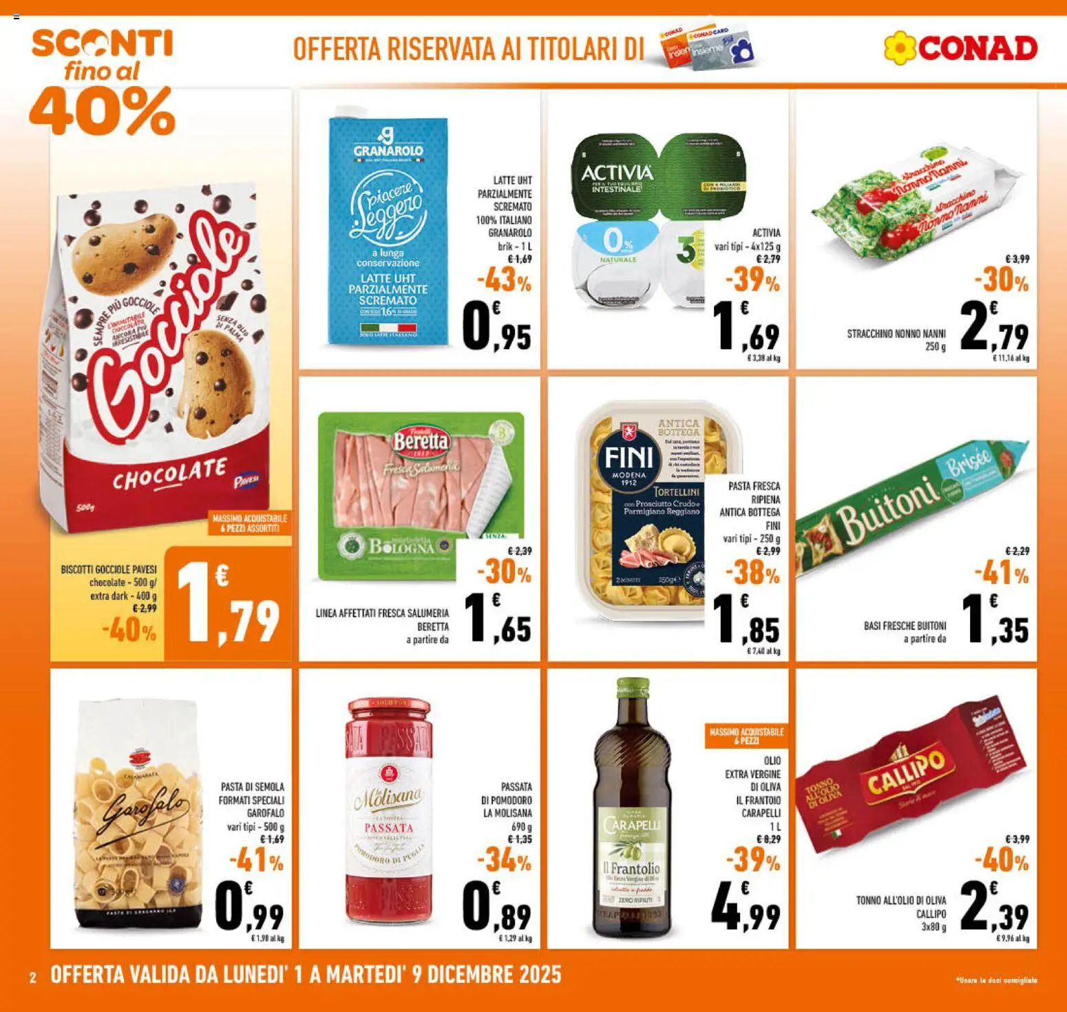 Volantino Conad del 01.12.2025 | Pagina: 2 | Prodotti: Olive, Prosciutto, Olio extra vergine, Parmigiano reggiano