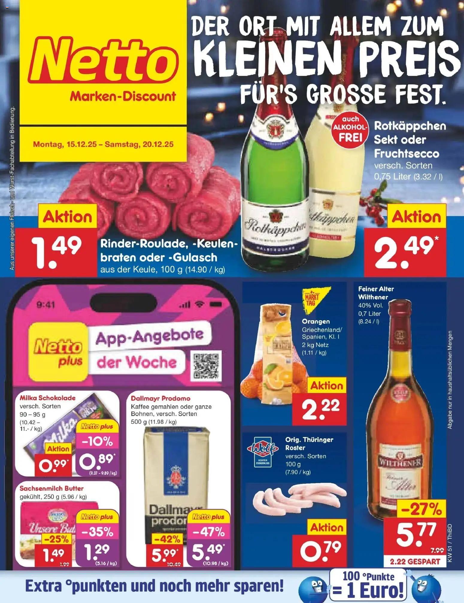 Netto Marken-Discount prospekt Thiendorf	 – gültig ab 15.12.2025 | Seite: 1 | Produkte: Kaffee, Milka schokolade, Fruchtsecco, Gulasch