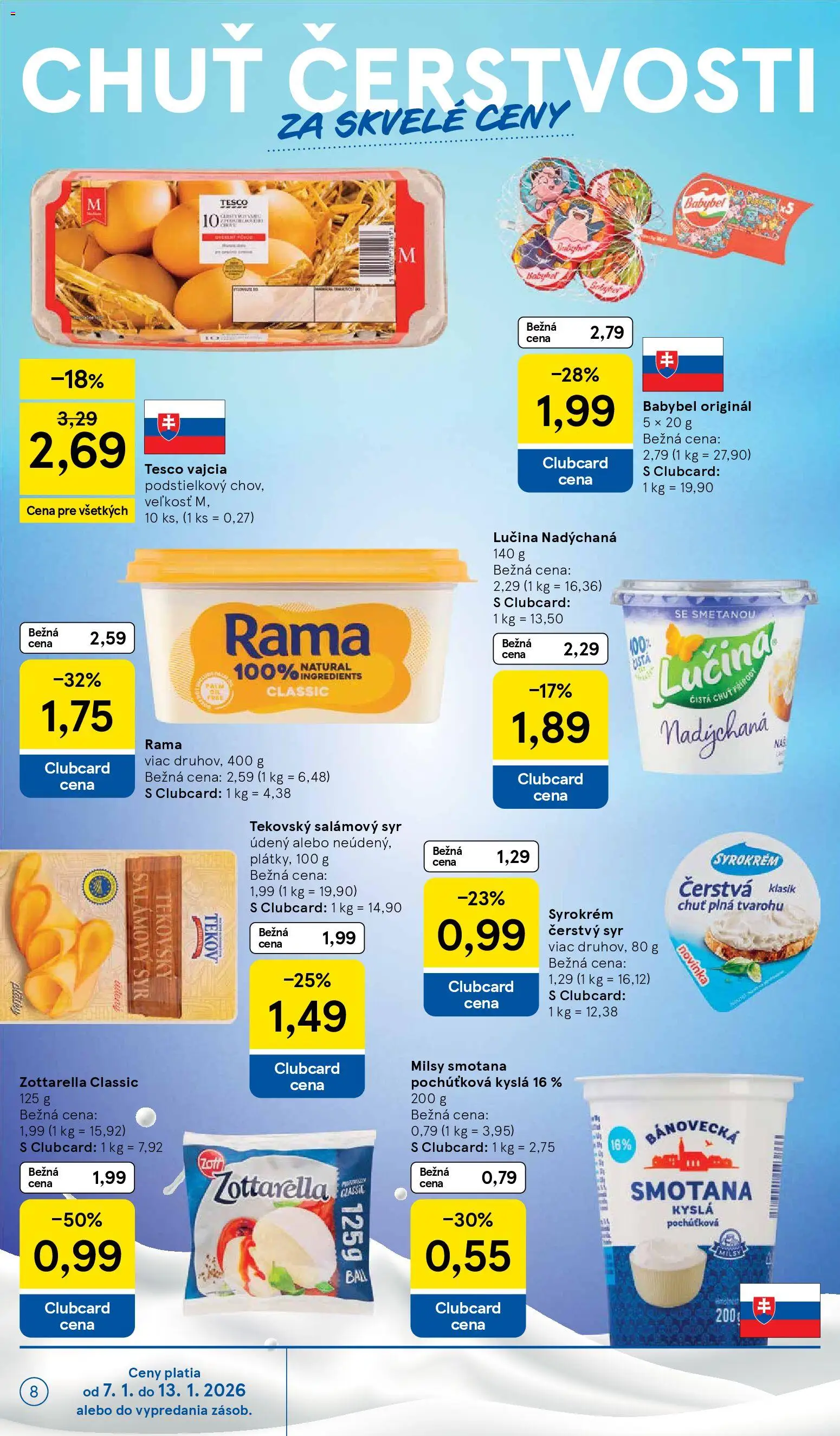 Nové Tesco akcie – leták je platný od 07.01.2026 | Strana: 8 | Produkty: Syr, Smotana, Mozzarella, Rama
