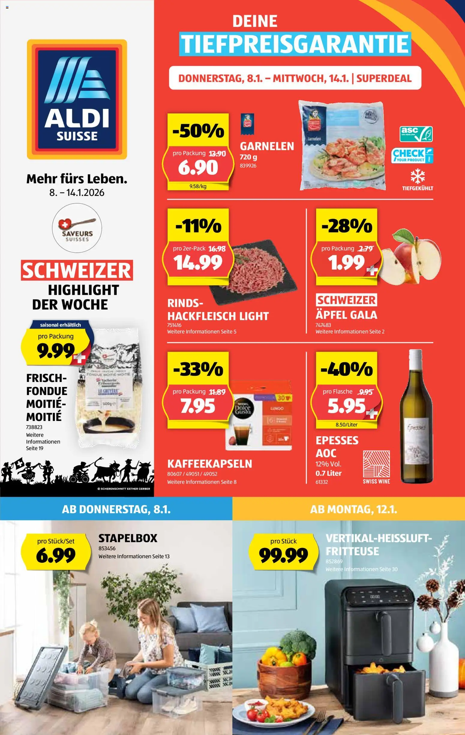 Aldi Aktionen – gültig ab 08.01.2026 | Seite: 1 | Produkte: Garnelen, Äpfel, Fondue, Fritteuse