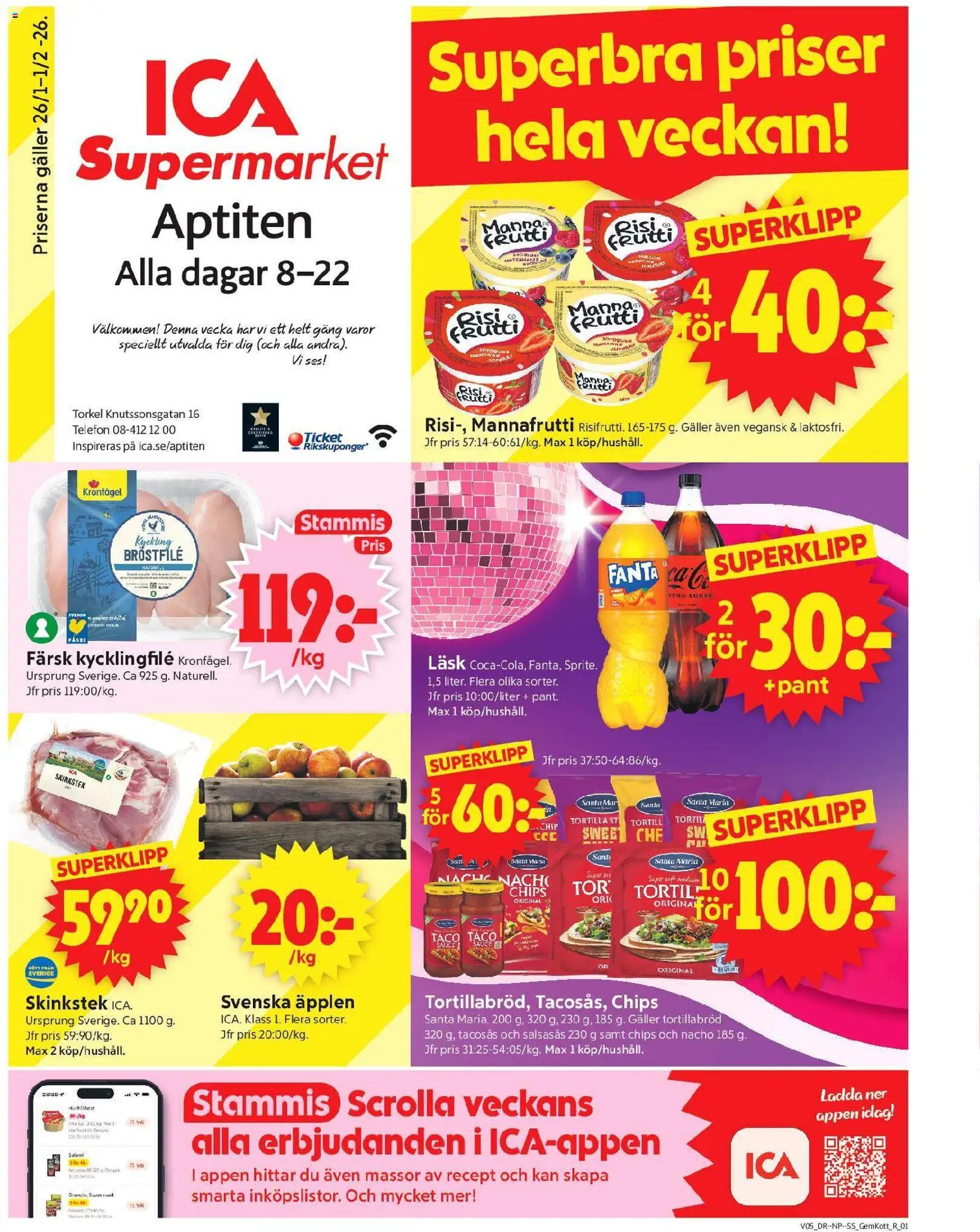 ICA Supermarket reklamblad aktuell från 26.01.2026 | Sida: 1 | Produkter: Tortilla, Tacosås, Fanta, Hallon