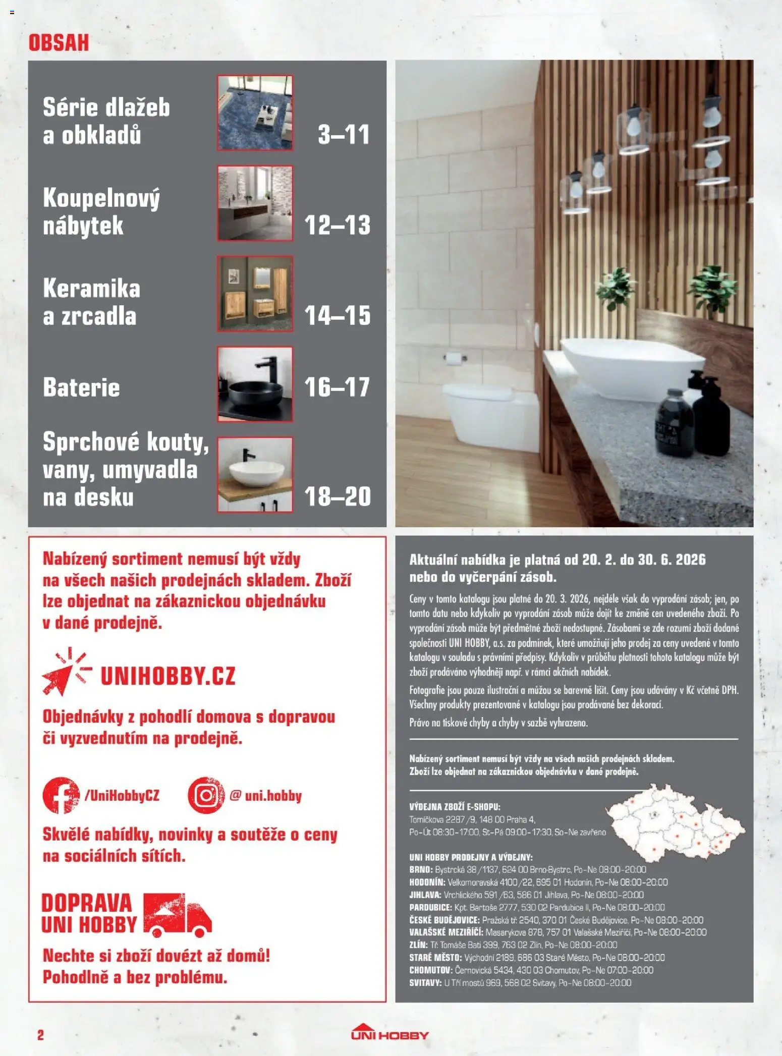 Uni Hobby katalog - Dlažby, obklady a sanita 2026 od 20.02.2026 | Strana: 2 | Produkty: Koupelnový nábytek, Nábytek, Baterie