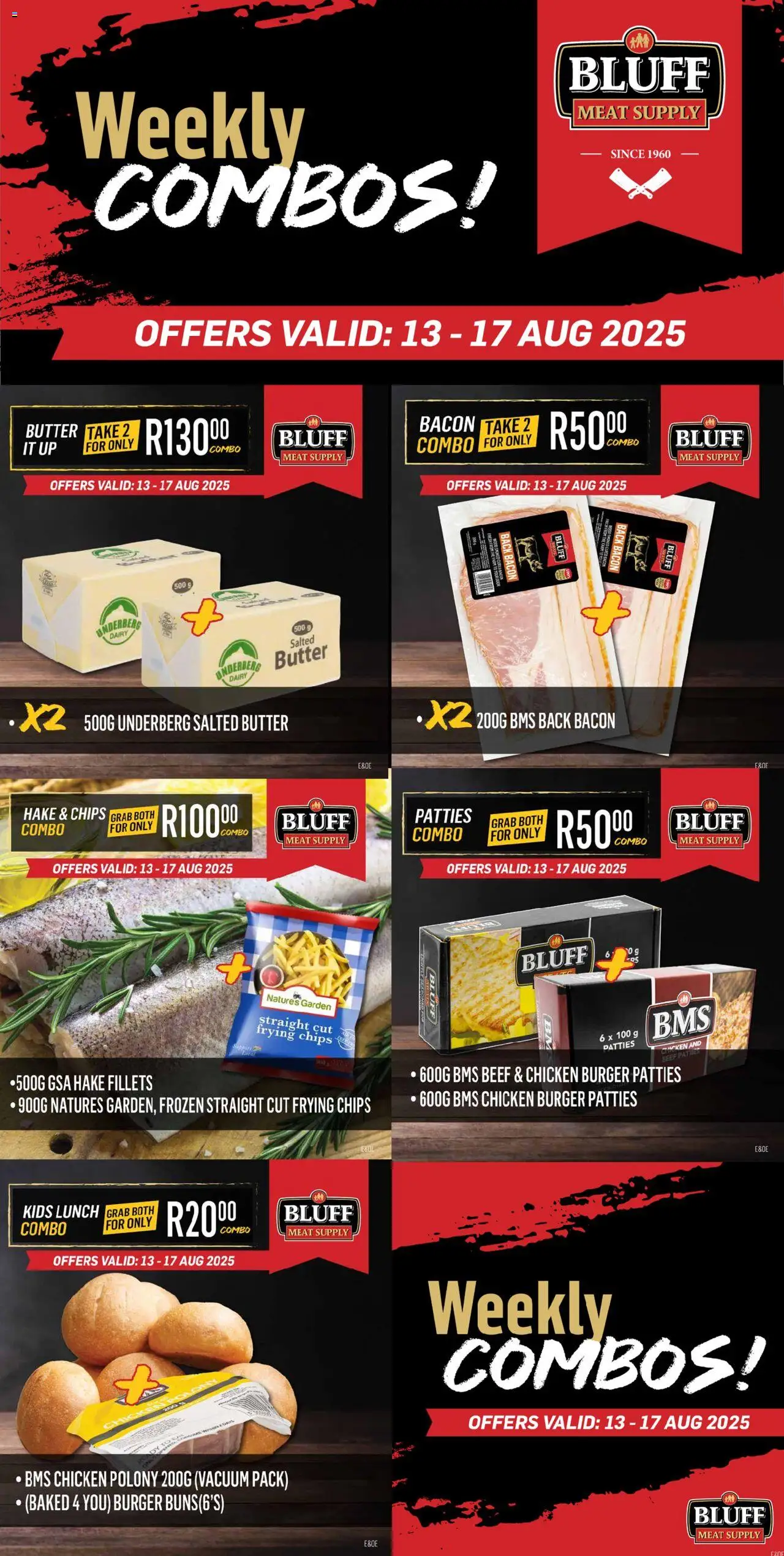 Bluff Meat Supply - Weekly COMBOS! │ valid from 13.08.2025 | Page: 1 | Products: Chicken, Beef, Chips, Bacon
