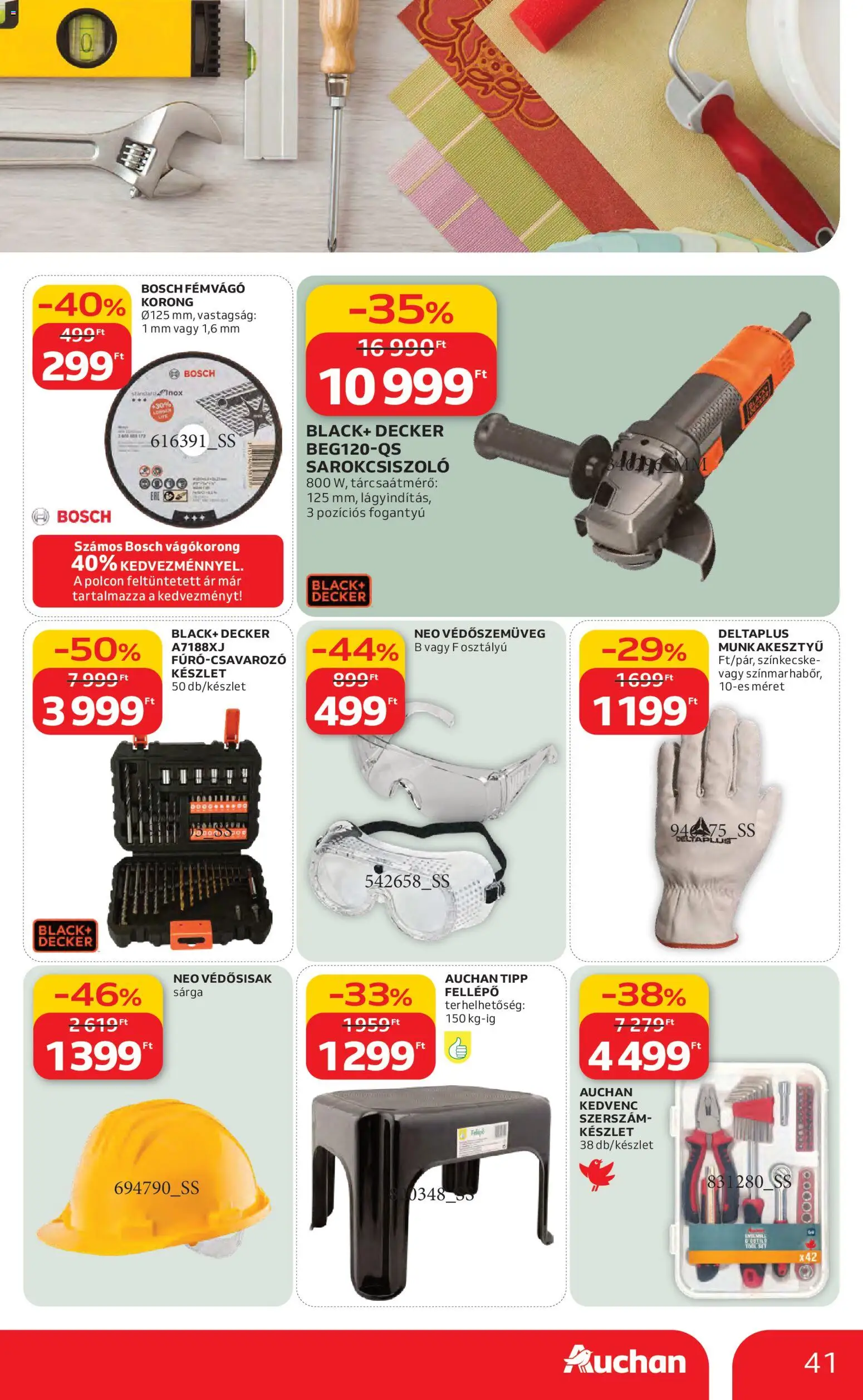 Auchan akciós ujság - amely érvényes a következő dátumtól: 26.02.2026 | Oldal: 41 | Termékek: Sarokcsiszoló, Fellépő