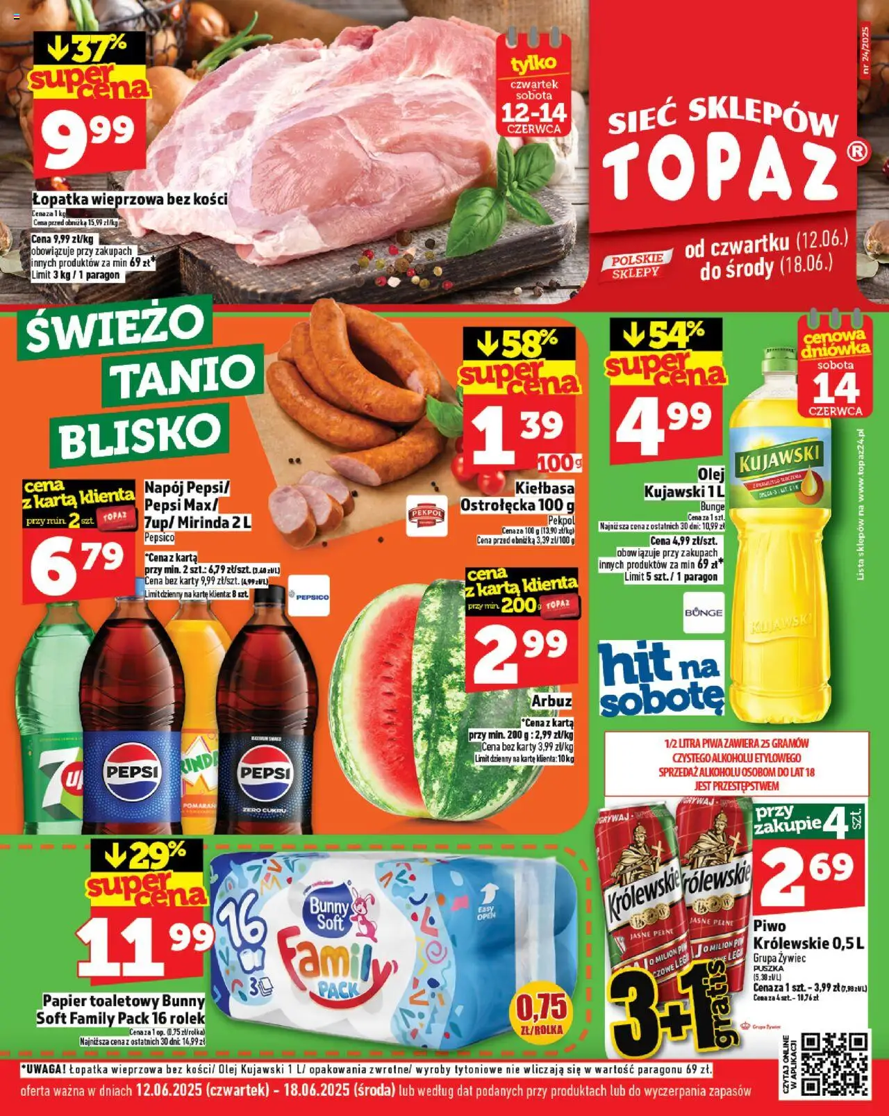 Topaz Gazetka od 12.06.2025 | Strona: 1 | Produkty: Kiełbasa, Olej kujawski, Łopatka wieprzowa, Piwo