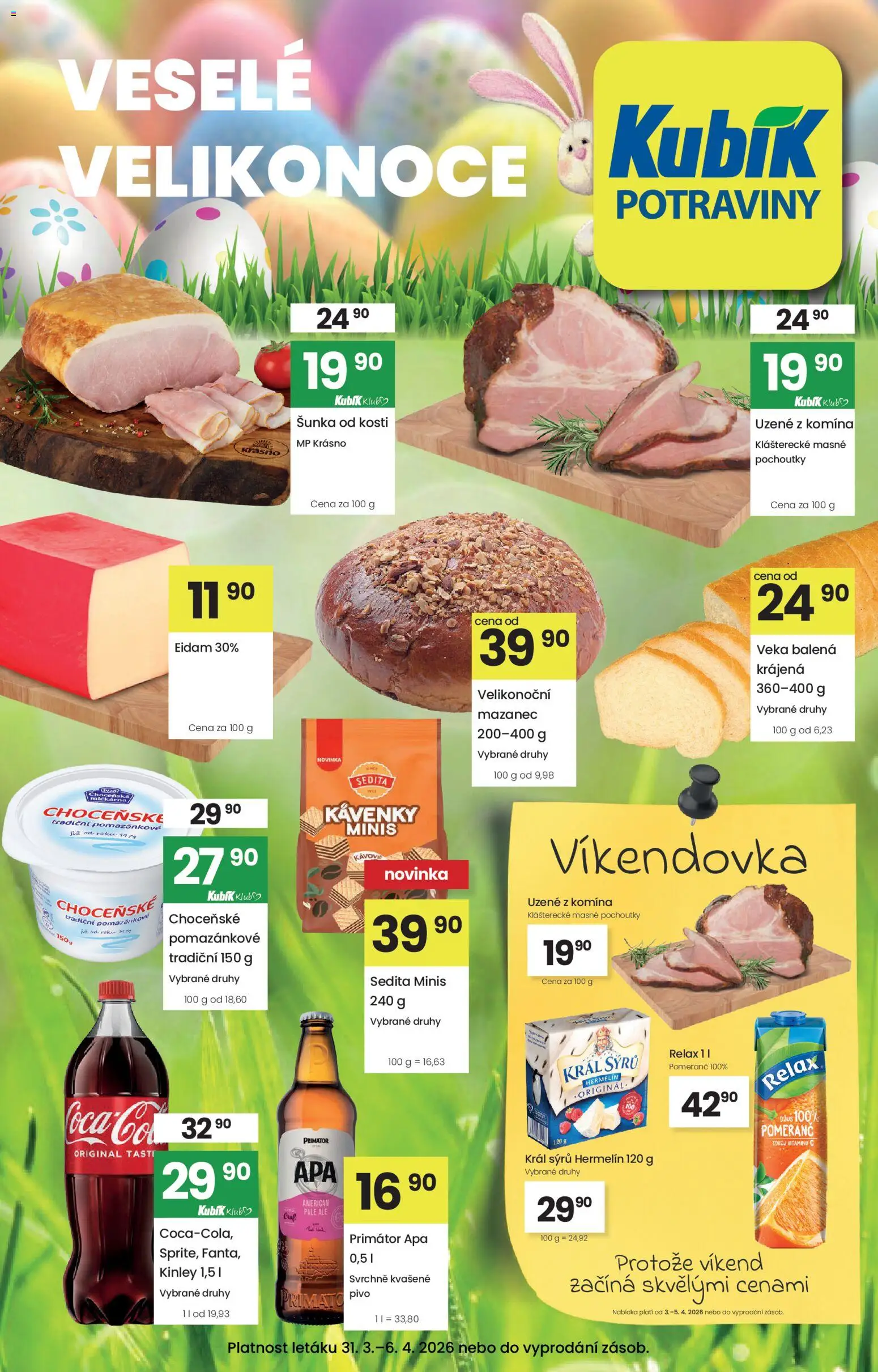 Kubík leták od 31.03.2026 | Strana: 1 | Produkty: Šunka, Pivo, Hermelín, Potraviny