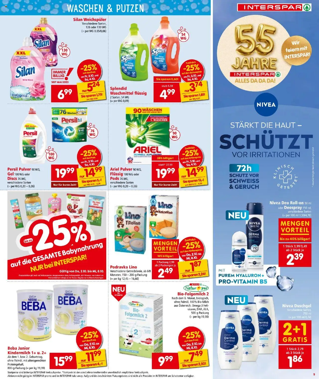 Interspar Flugblatt gültig ab 02.10.2025 | Seite: 9 | Produkte: Babynahrung, Duschgel, Weichspüler, Waschmittel