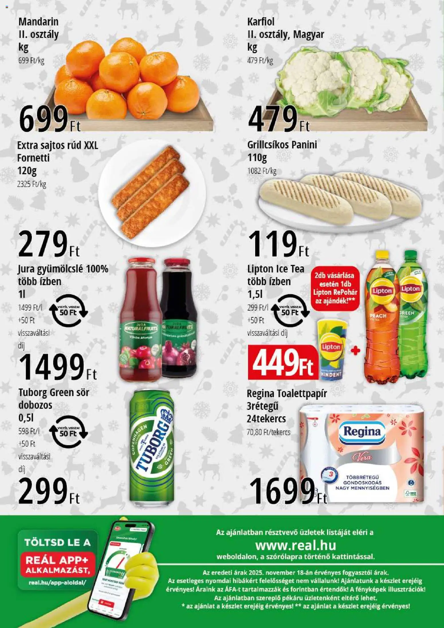 Reál akciós ujság - amely érvényes a következő dátumtól: 27.11.2025 | Oldal: 4 | Termékek: Karfiol, Gyümölcslé, Sajtos rúd, Mandarin