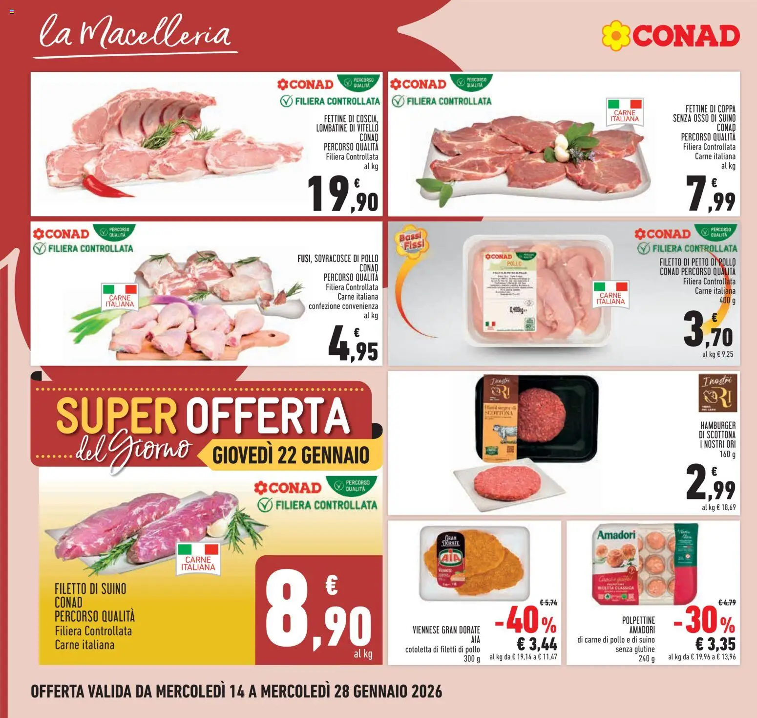 Volantino Conad del 14.01.2026 | Pagina: 2 | Prodotti: Pollo, Suino, Vitello, Hamburger