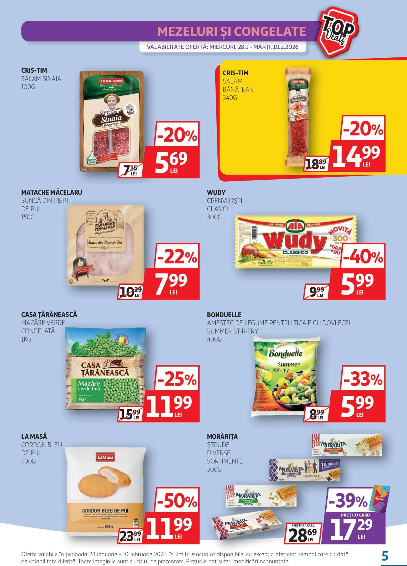 Noul catalog Auchan – valabil de la 28.01.2026 | Pagină: 5 | Produse: Masă, Hacıyatmaz Kedi Oyuncağı, Cordon bleu, Salam