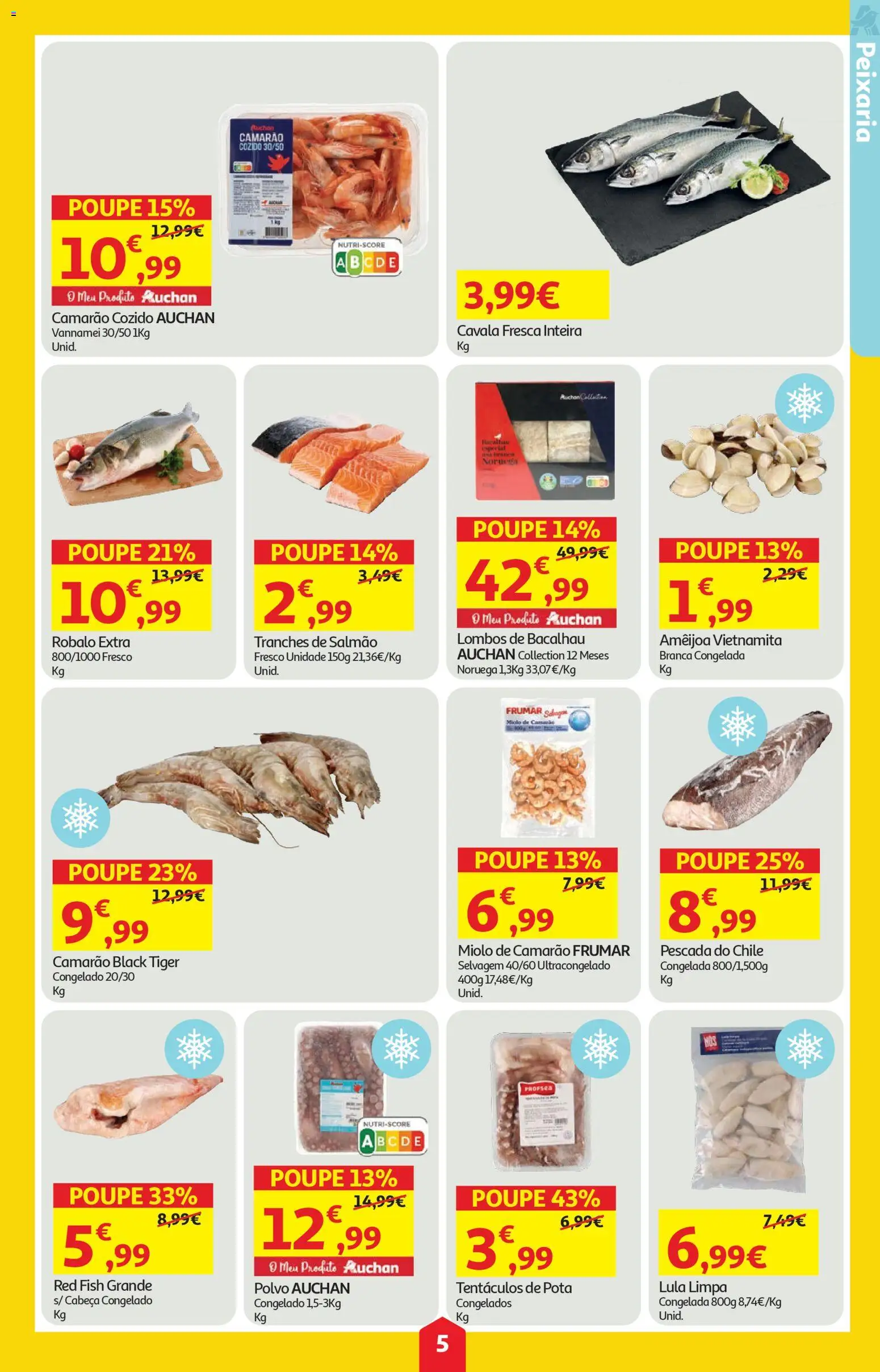 Auchan folheto │ válido de 23.04.2026 | Página: 5 | Produtos: Pescada, Polvo, Camarão, Salmão