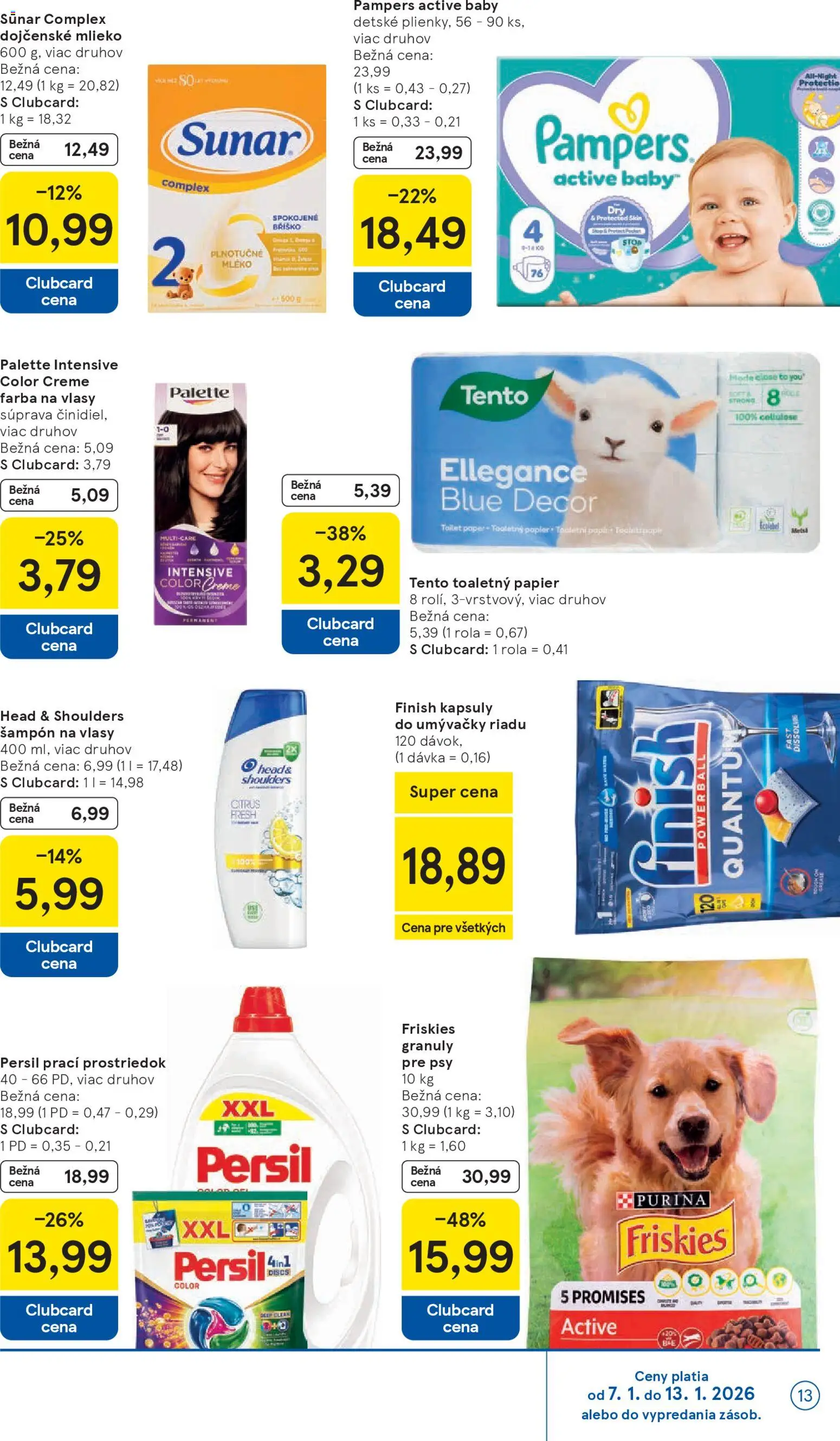 Nové Tesco akcie – leták je platný od 07.01.2026 | Strana: 13 | Produkty: Farba na vlasy, Kapsuly do umývačky riadu, Head & Shoulders, Pampers