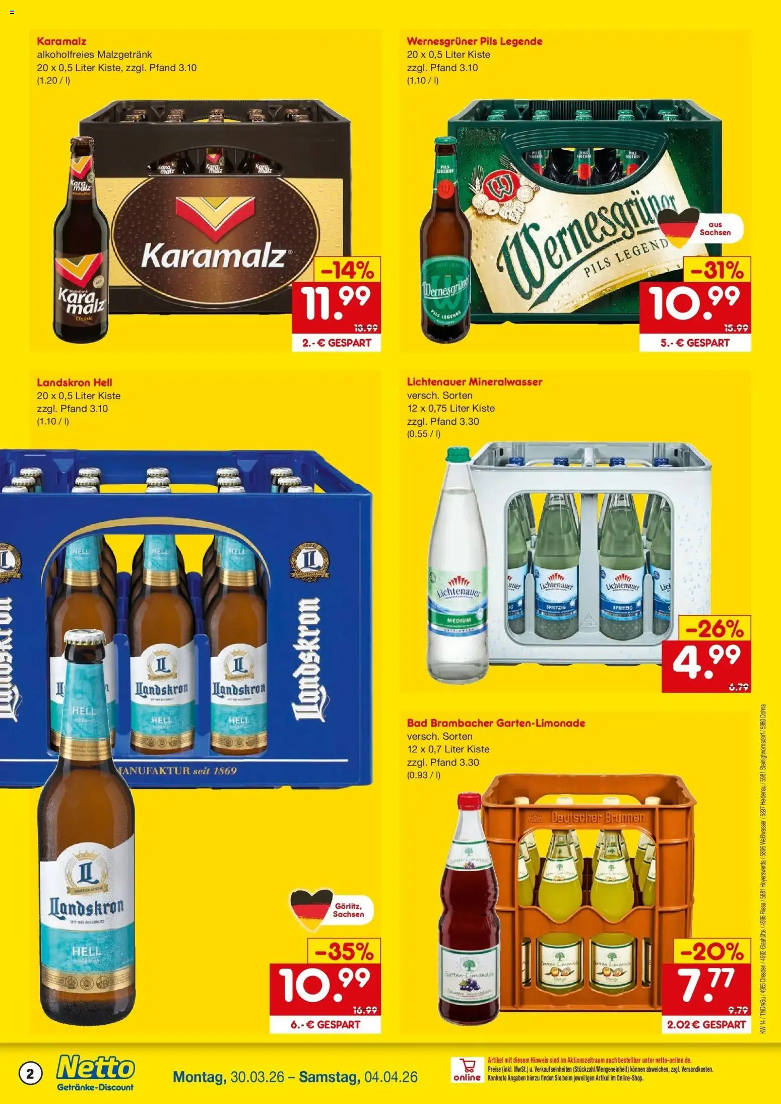 Netto Marken-Discount Prospekt Hoyerswerda	 – gültig ab 30.03.2026 | Seite: 2 | Produkte: Bad, Pils, Mineralwasser, Hella