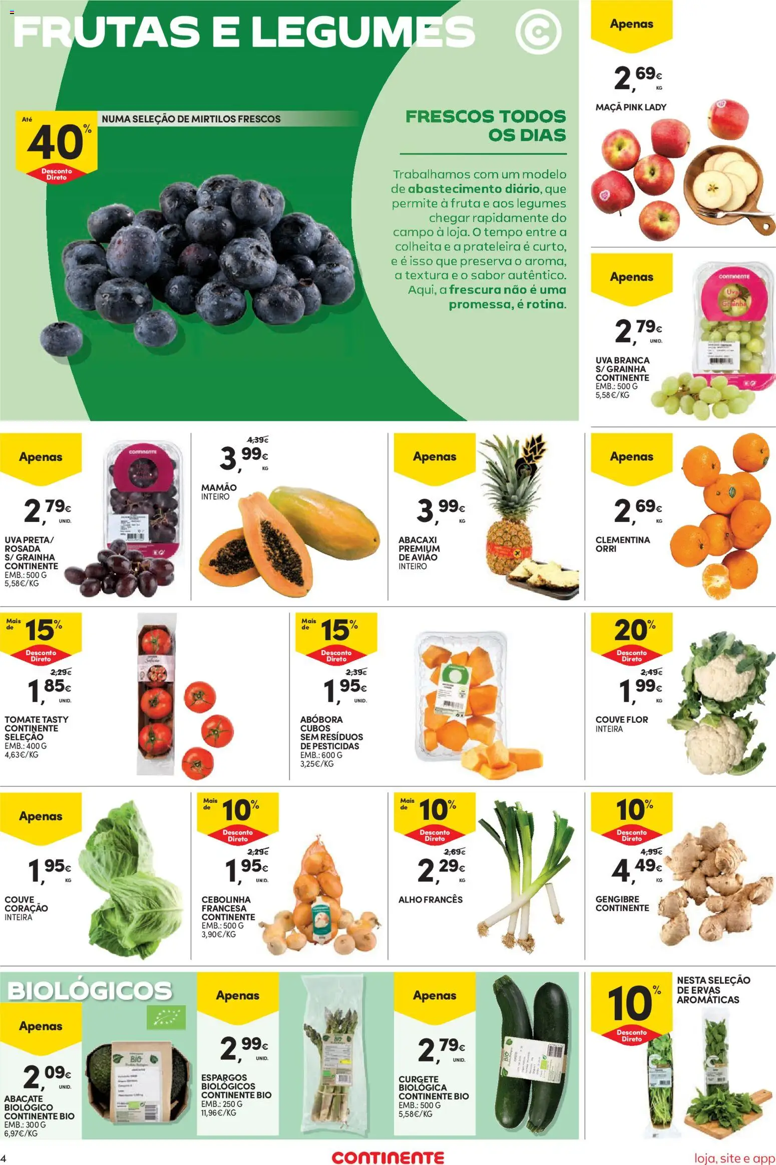 Continente Semanal Continente Bom Dia │ válido de 14.04.2026 | Página: 4 | Produtos: Alho francês, Abacate, Tomate, Mamão