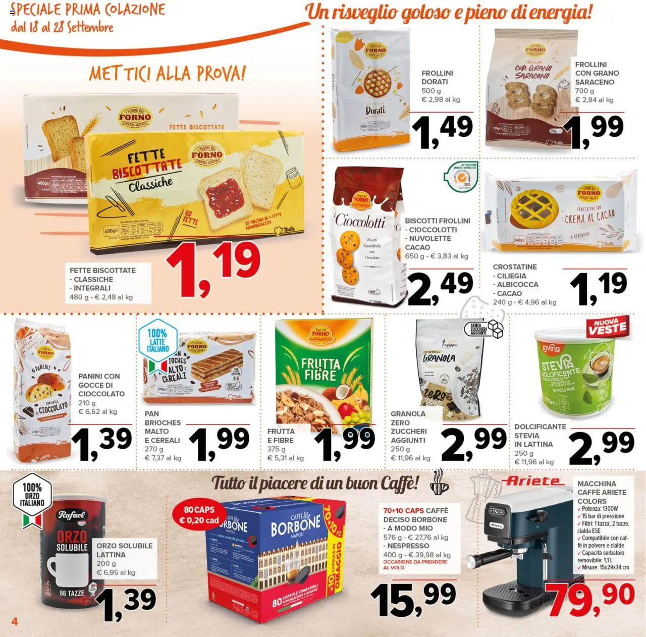 Volantino Todis del 18.09.2025 | Pagina: 4 | Prodotti: Stevia, Cioccolato, Frutta, Fette biscottate