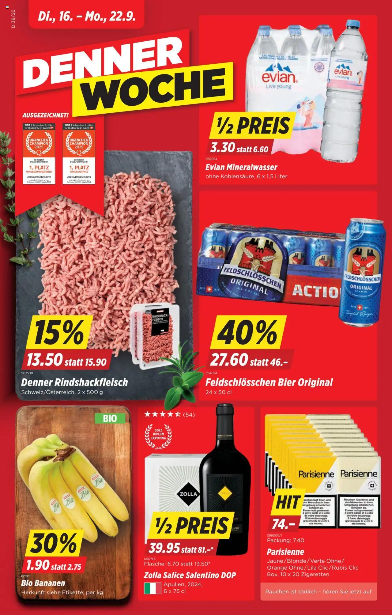 Denner Aktionen – gültig ab 16.09.2025 | Seite: 1 | Produkte: Mineralwasser, Bier, Bananen