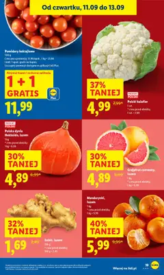 Pomidory koktajlowe, 500 g. Cena poza promocją: 11,99/opak., 1 kg = 23,98. Limit: 1 opak. gratis na kupon. Szczegóły promocji dostępne w aplikacji Lidl Plus. od 11.09.2025 | Strona: 21 | Produkty: Dynia, Kalafior, Pomidory, Grejpfrut
