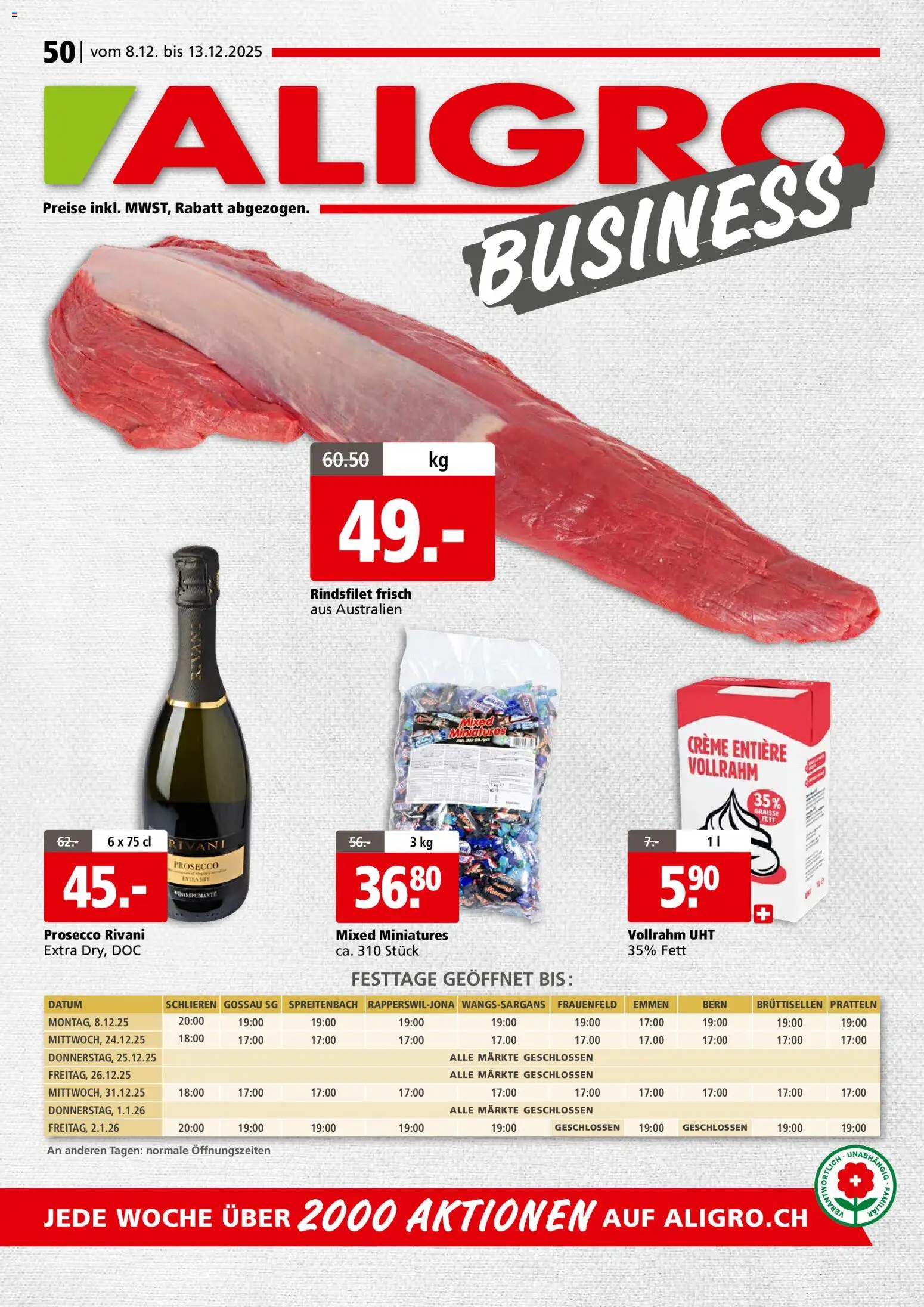 Aligro Aktionen Business Schlieren, Gossau SG, Frauenfeld, Rapperswil-Jona, Sargans, Bern, Brüttisellen, Pratteln, Emmen, Spreitenbach – gültig ab 08.12.2025 | Seite: 1 | Produkte: Creme