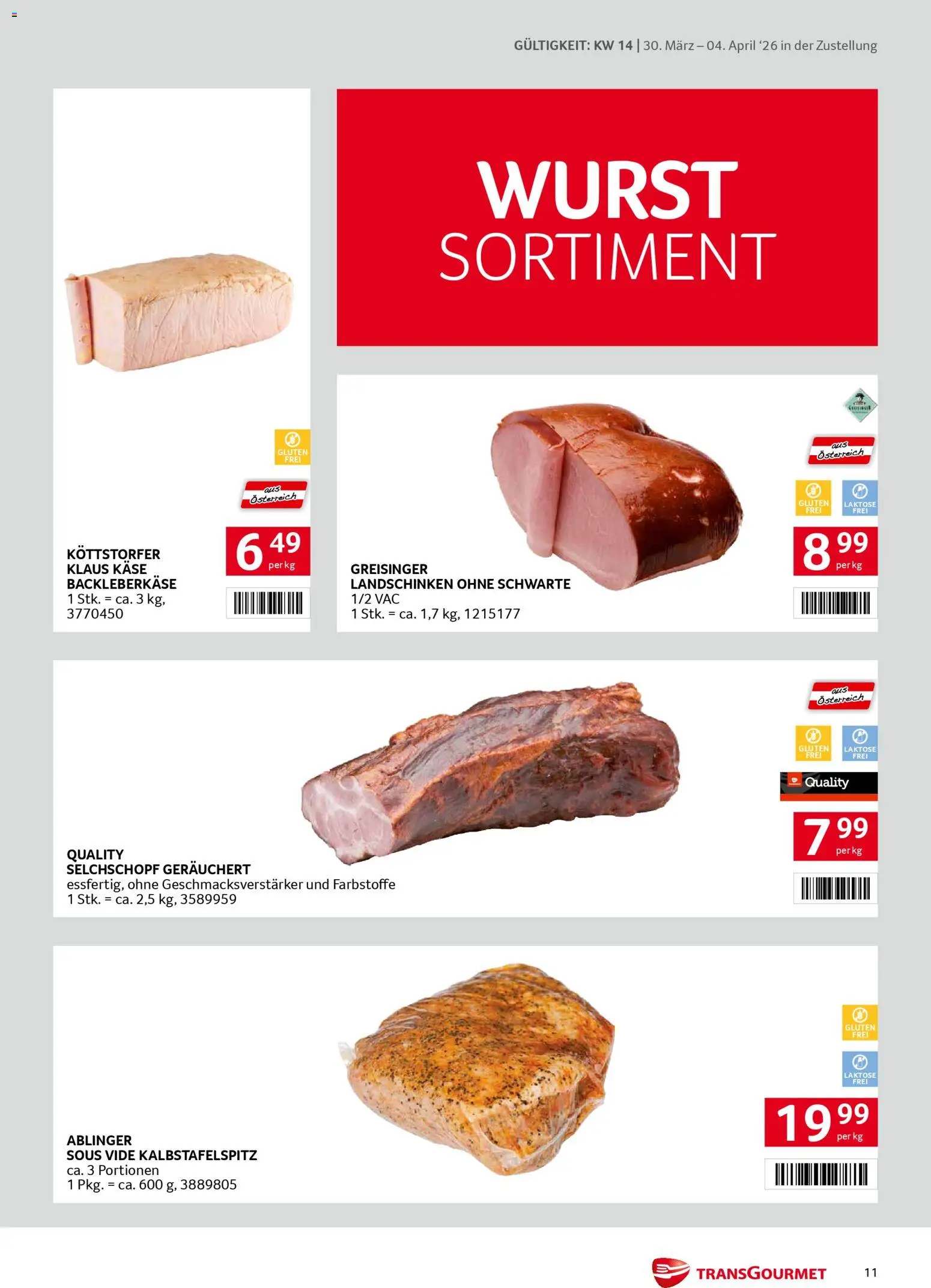 Transgourmet Zustellaktion gültig ab 30.03.2026 | Seite: 11 | Produkte: Wurst, Käse