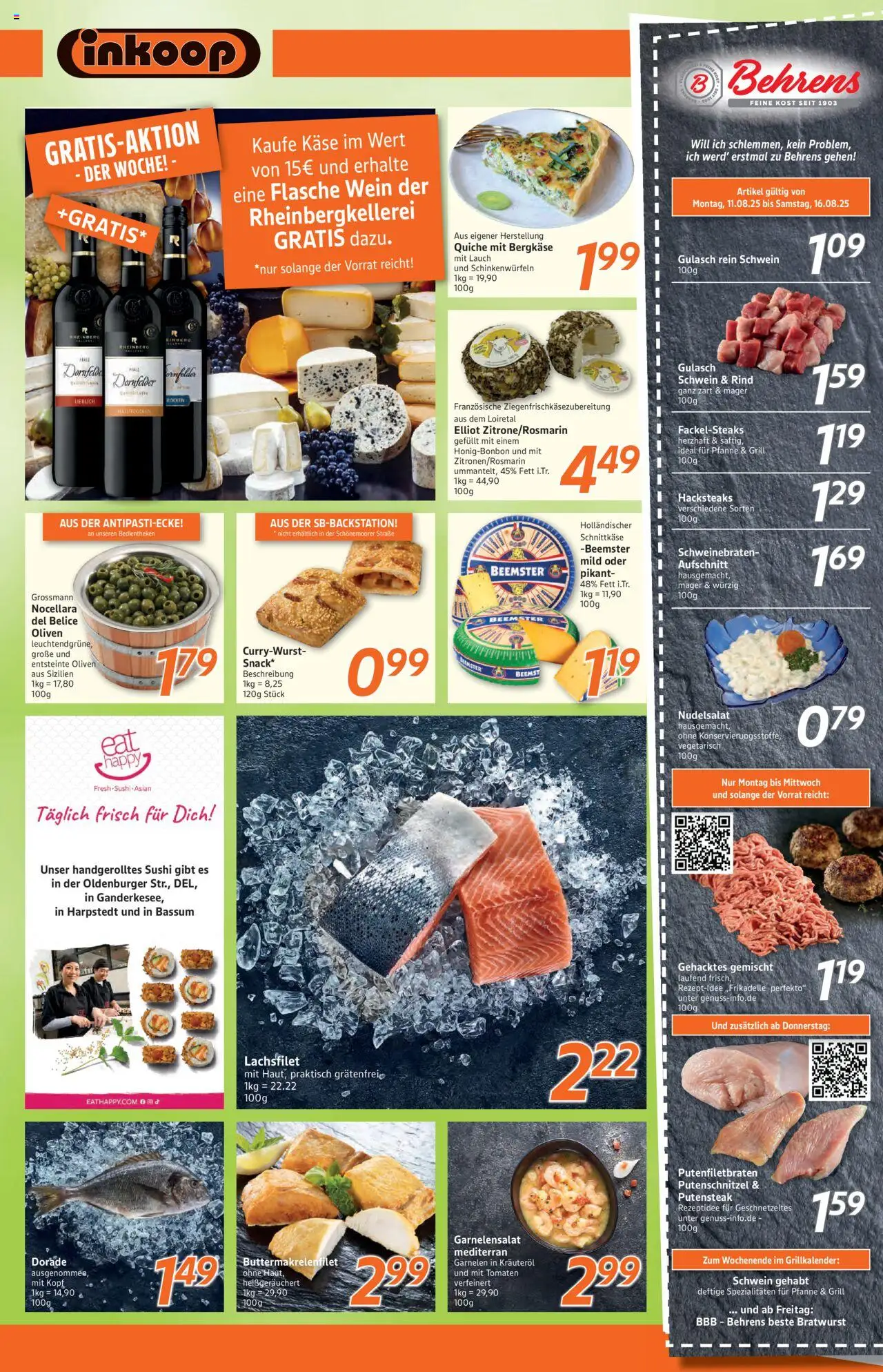 Inkoop Prospekt - gültig ab dem 11.08.2025 | Seite: 4 | Produkte: Dorade, Bratwurst, Putenschnitzel, Wein