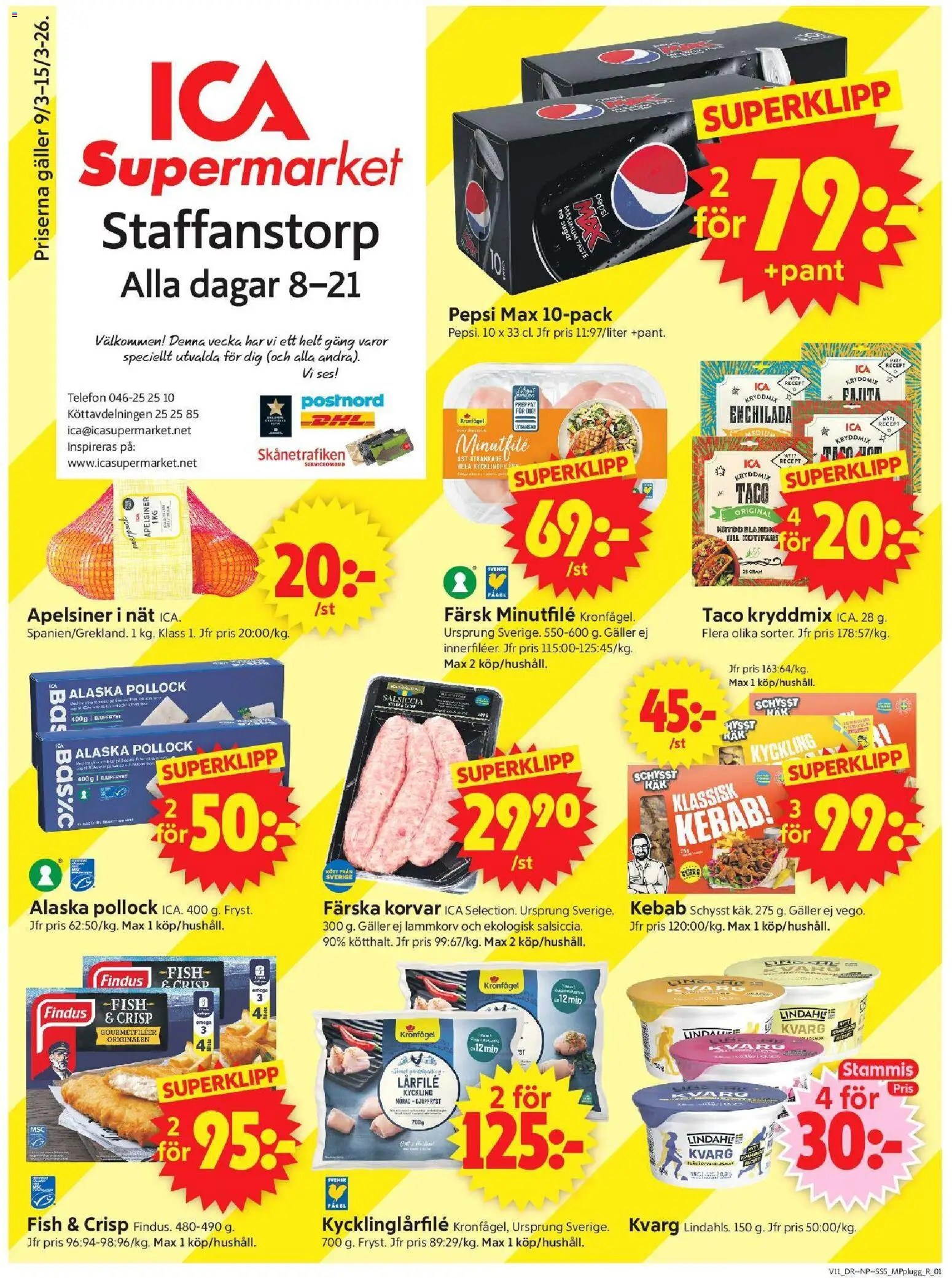 ICA Supermarket reklamblad aktuell från 09.03.2026 | Sida: 1 | Produkter: Pepsi, Apelsiner, Telefon, Kvarg