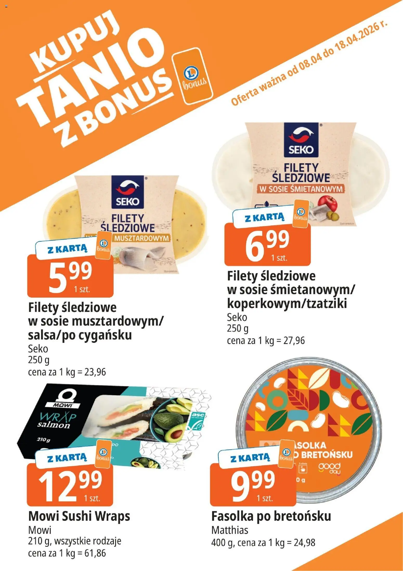 E.Leclerc gazetka - Zamość kupony dodatkowe od 08.04.2026 | Strona: 8 | Produkty: Karta, Filety śledziowe w sosie śmietanowym, Sushi