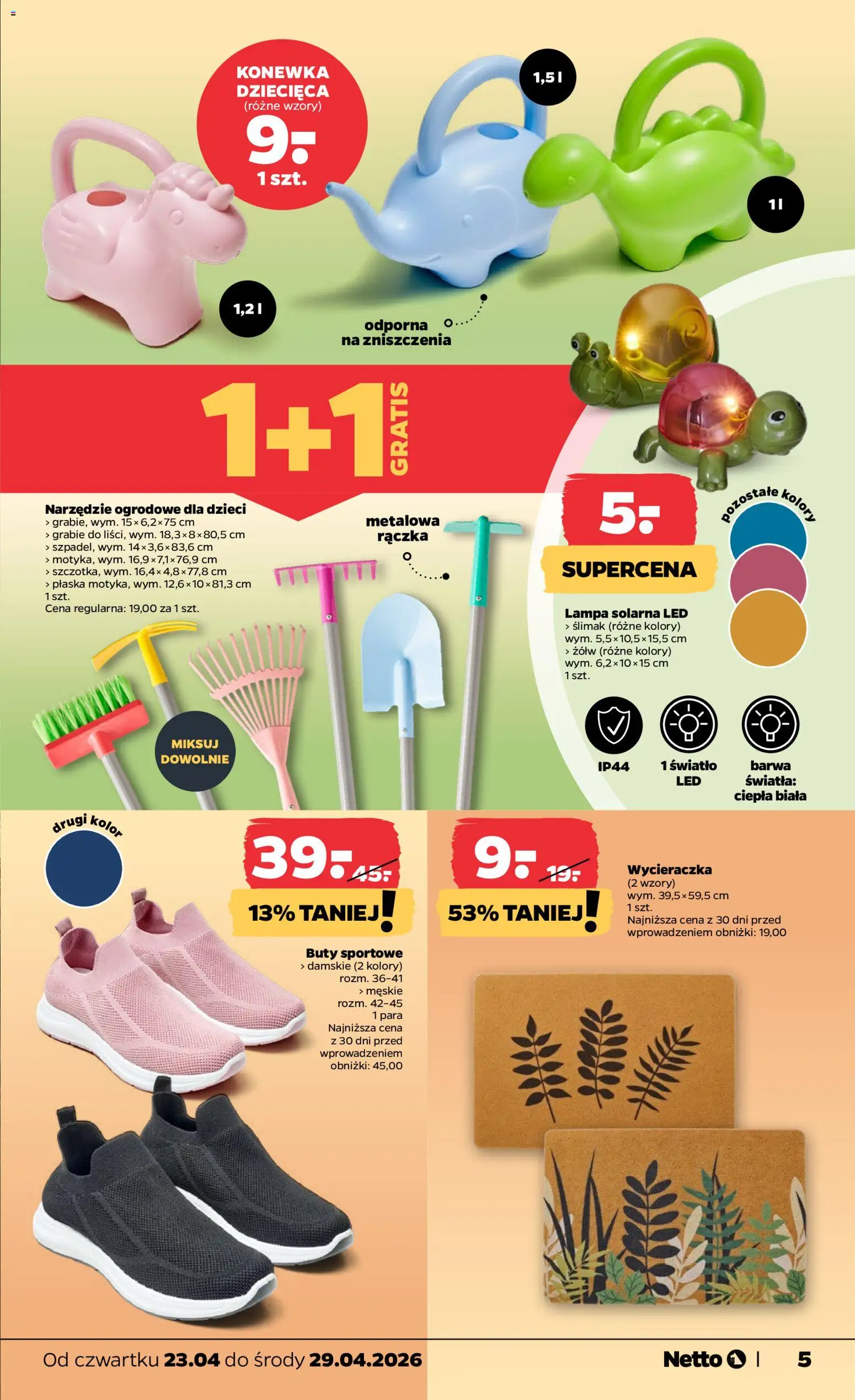 Netto gazetka od czwartku NonFood od 23.04.2026 | Strona: 5 | Produkty: Buty sportowe, Lampa solarna, Wycieraczka, Lampa