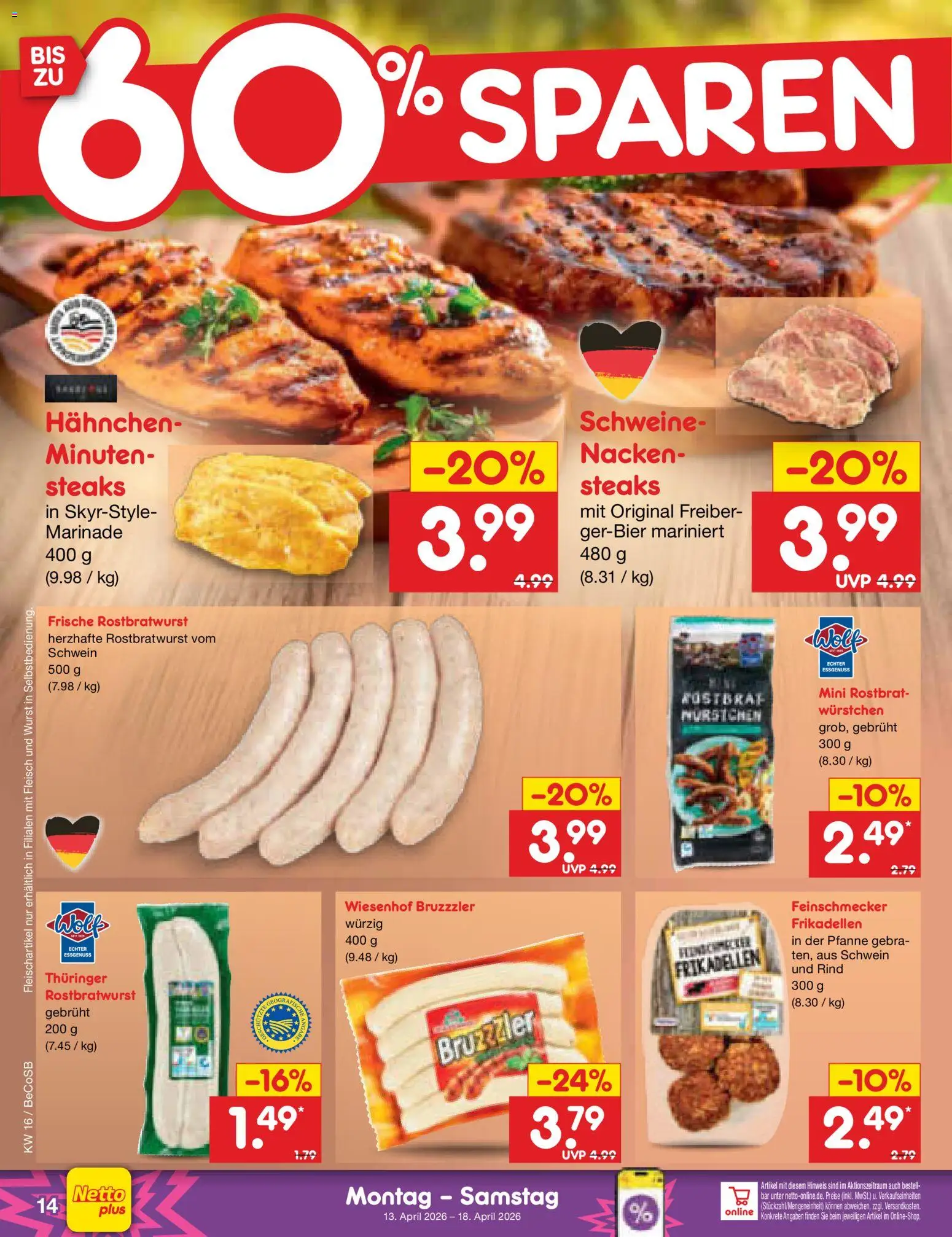 Netto Marken-Discount Prospekt 	 – gültig ab 13.04.2026 | Seite: 16 | Produkte: Hahnchen, Wurst, Fleisch