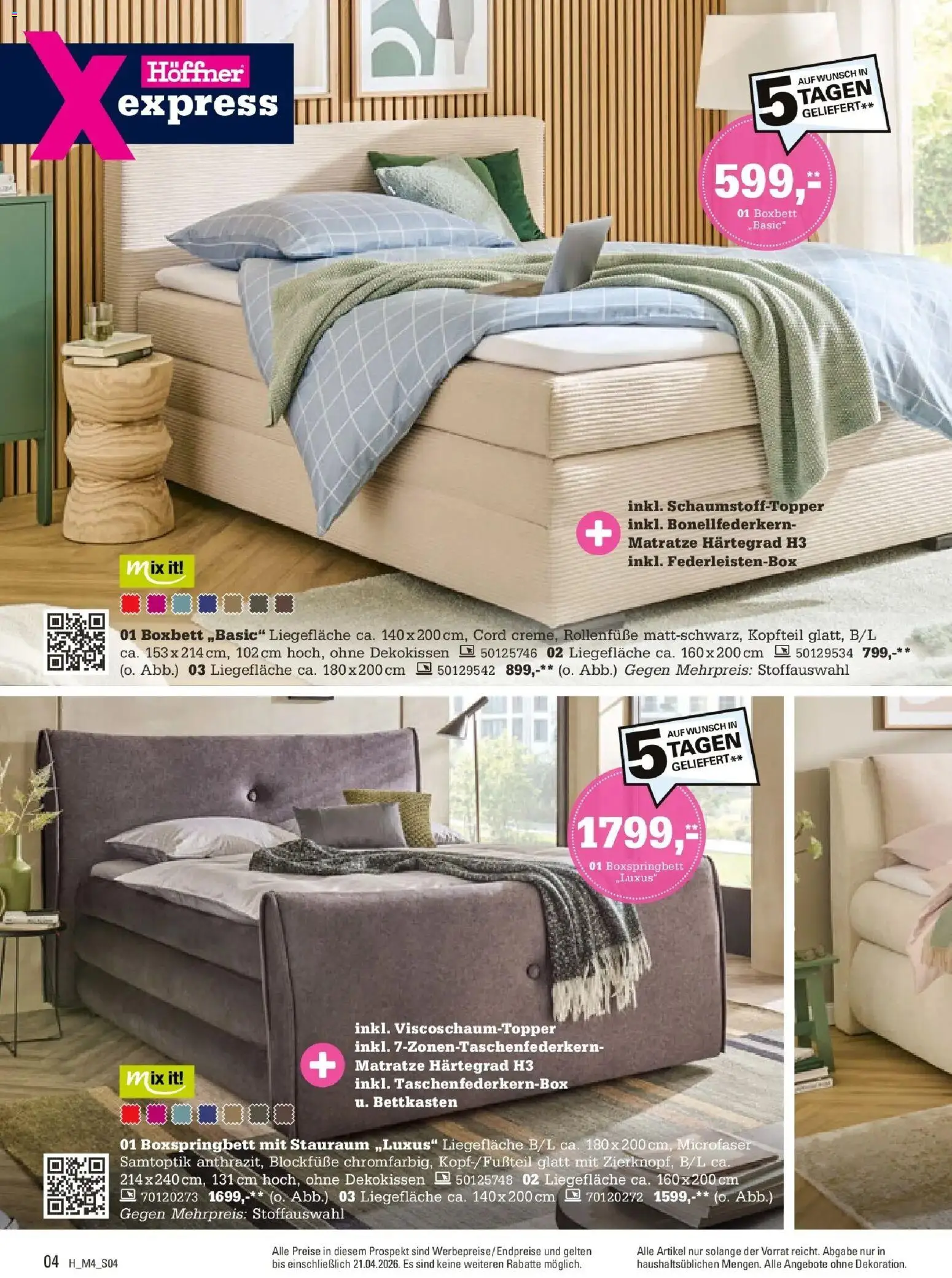 Höffner Prospekt Erfurt-Waltersleben	 – gültig ab 01.04.2026 | Seite: 4 | Produkte: Matratze, Boxspringbett