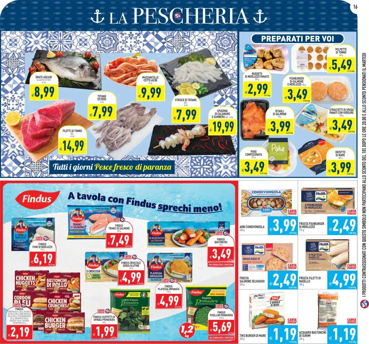 Volantino PIM Supermercati del 25.07.2025 | Pagina: 16 | Prodotti: Pollo, Mazzancolle, Pesca, Tonno