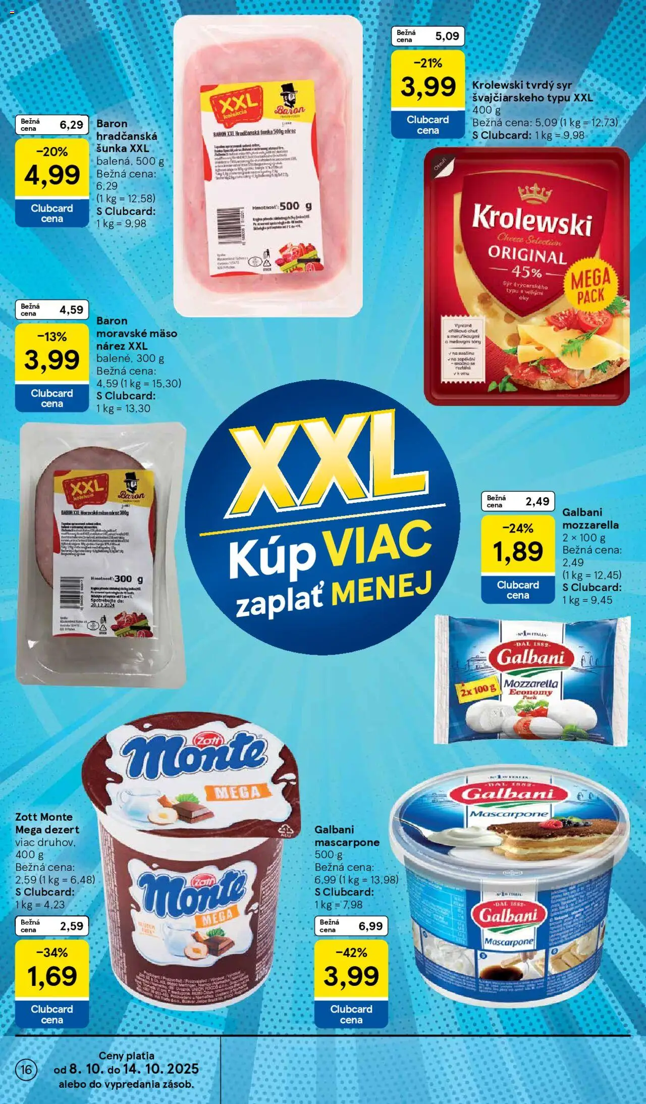 Nové Tesco akcie – leták je platný od 08.10.2025 | Strana: 16 | Produkty: Syr, Šunka, Mozzarella, Mascarpone