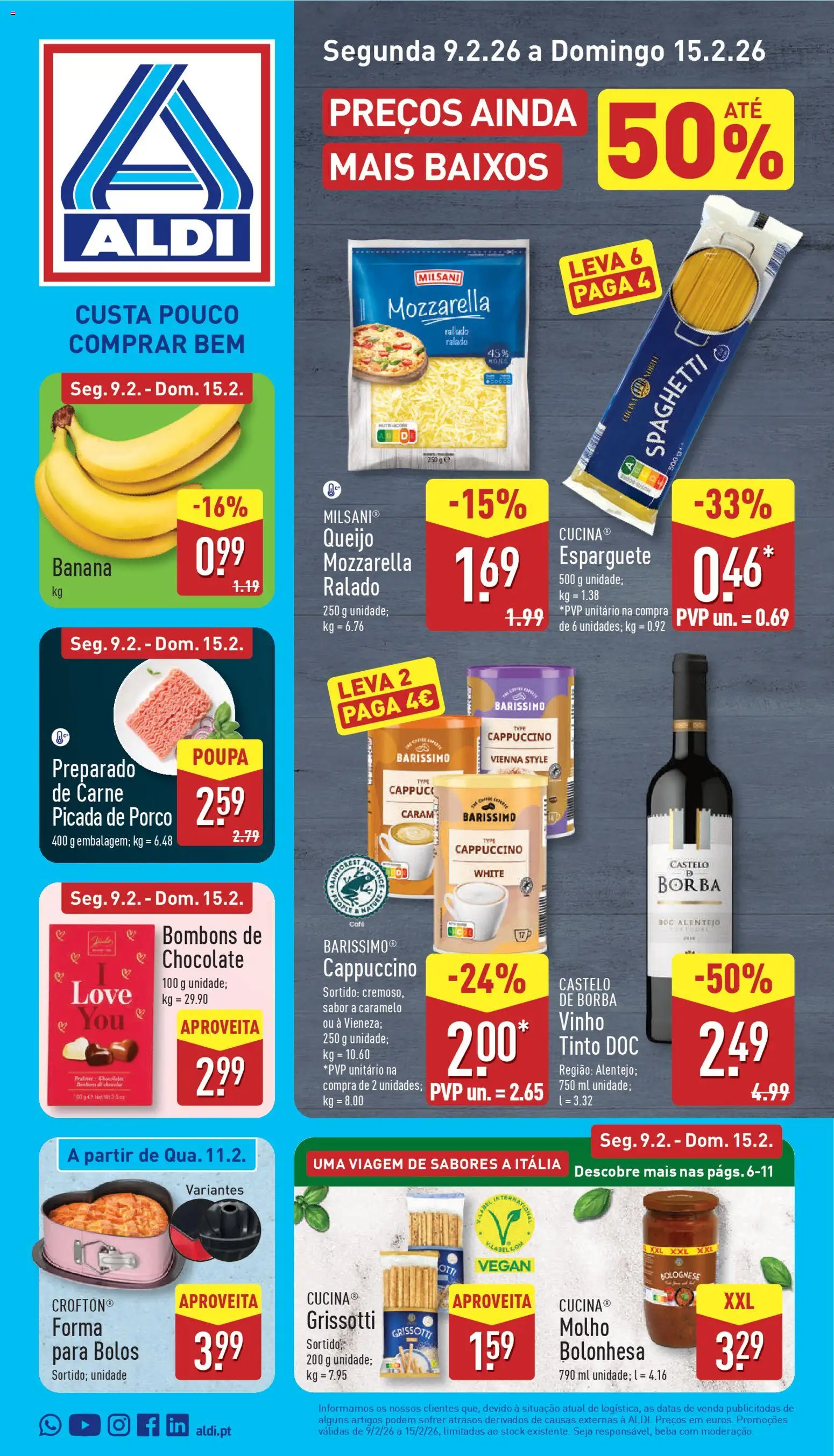 Aldi folheto │ válido de 09.02.2026 | Página: 1 | Produtos: Esparguete, Banana, Chocolate, Vinho
