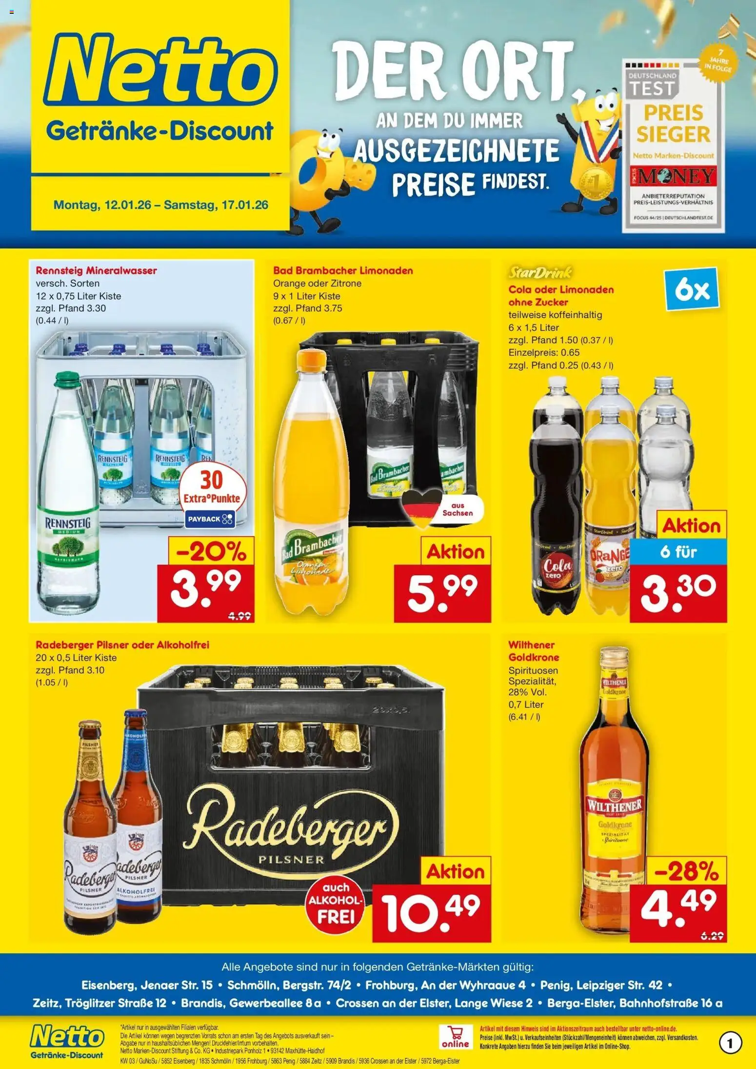 Netto Marken-Discount prospekt Penig	 – gültig ab 12.01.2026 | Seite: 1 | Produkte: Cola, Mineralwasser, Zitrone, Radeberger pilsner