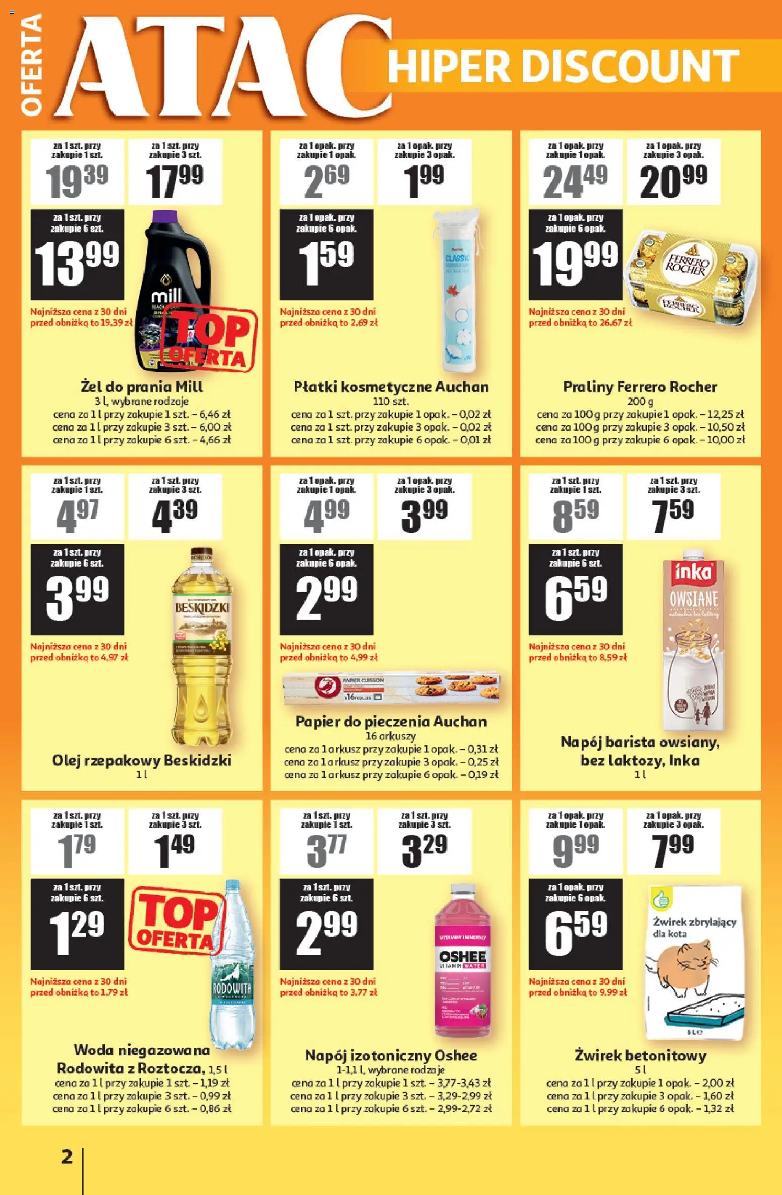 Auchan Gazetka - ATAC Hiper Discount od 13.11.2025 | Strona: 2 | Produkty: Praliny, Papier do pieczenia, Olej, Woda