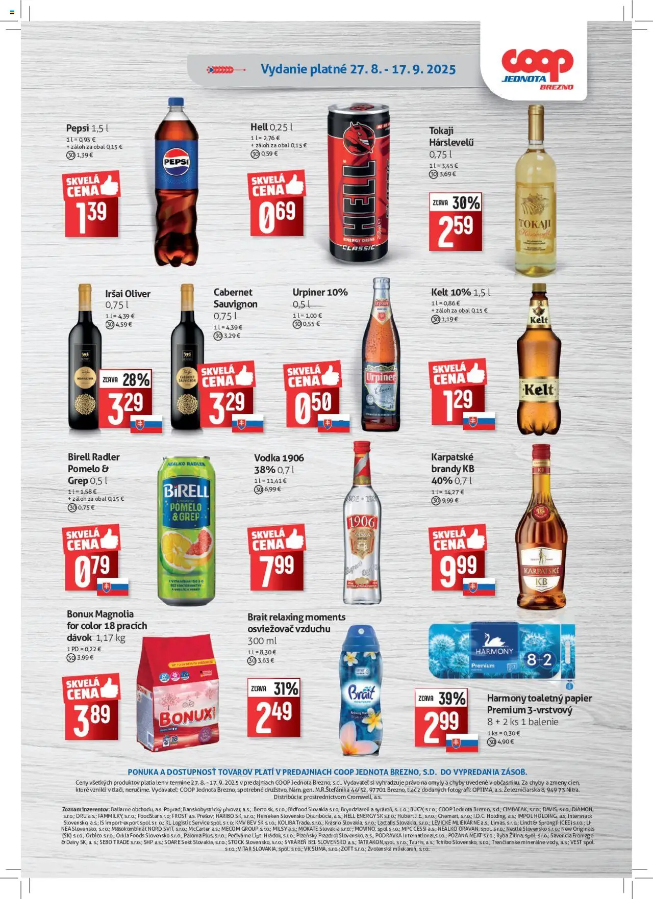 COOP Jednota ponuka Brezno │ platný od 27.08.2025 | Strana: 8 | Produkty: Osviežovač vzduchu, Toaletný papier, Ryba, Pepsi