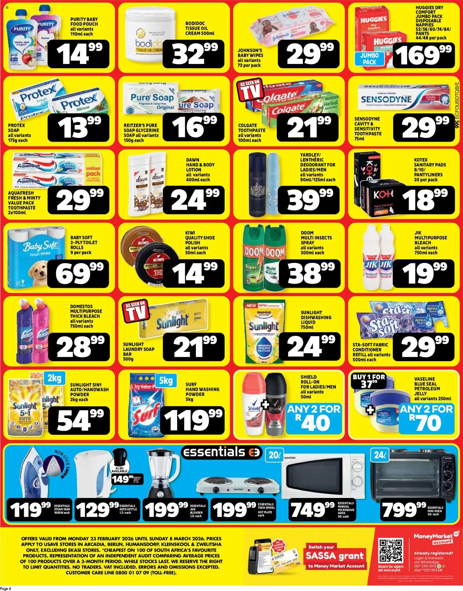 New Usave catalogue – valid from 23.02.2026 | Page: 4 | Products: Tissue oil, Kettle, Iron, Nappies