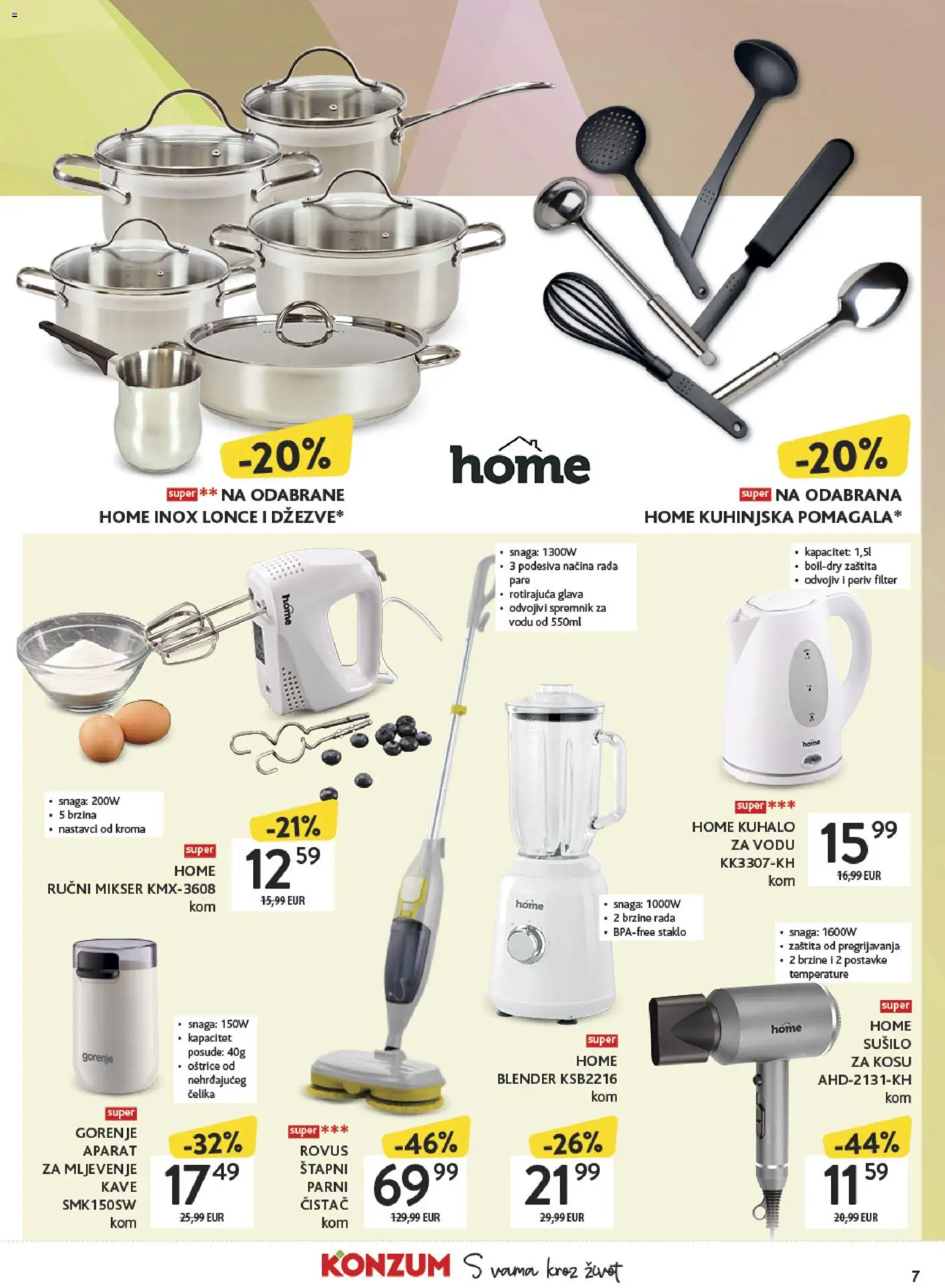 Konzum katalog | vrijedi od 27.04.2026 | Stranica: 7 | Proizvodi: Kuhalo za vodu, Mikser, Blender, Parni čistač