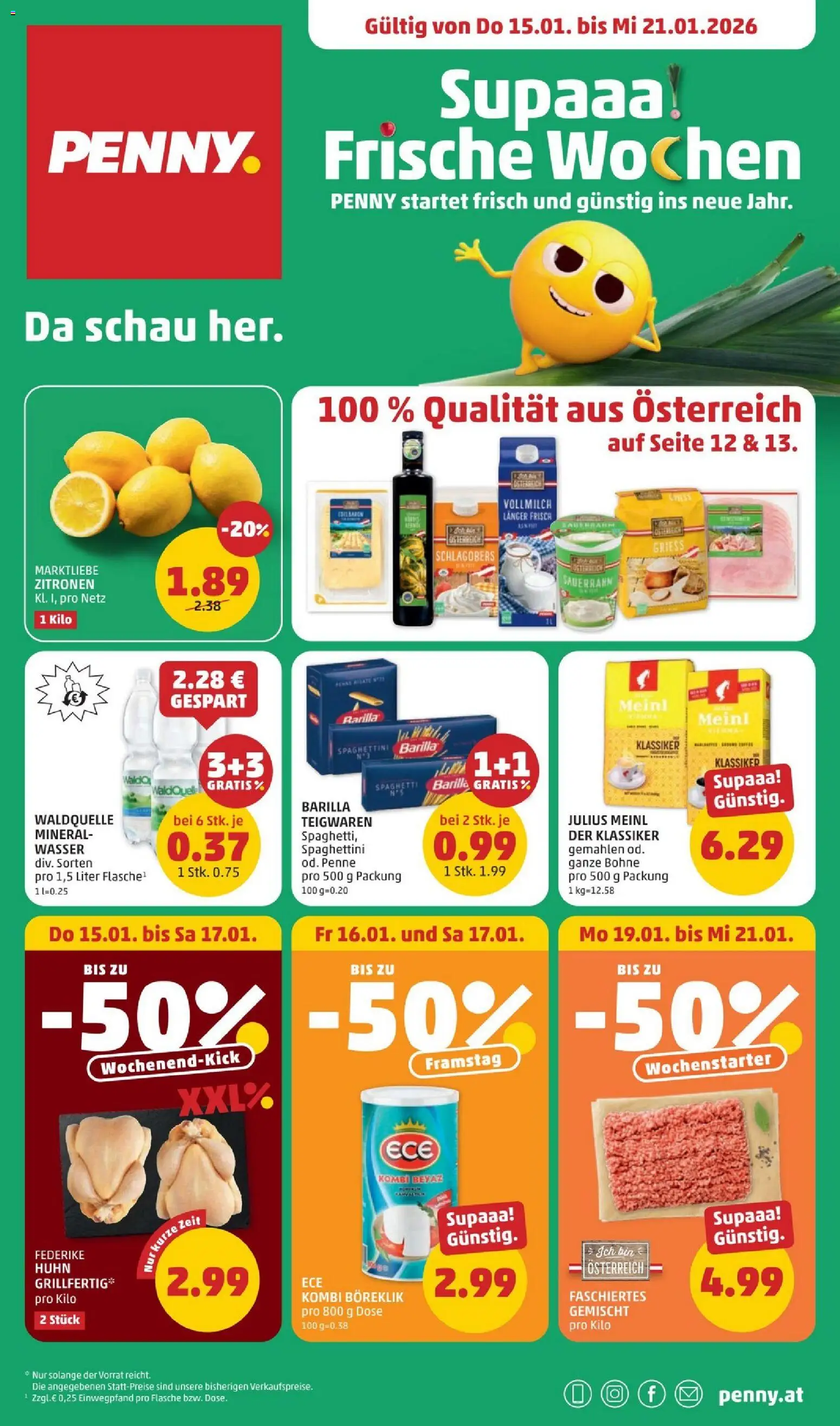 Penny Markt Flugblatt gültig ab 15.01.2026 | Seite: 1 | Produkte: Wasser, Matériel de rangement Fitness, Hajdina liszt, Sauerrahm