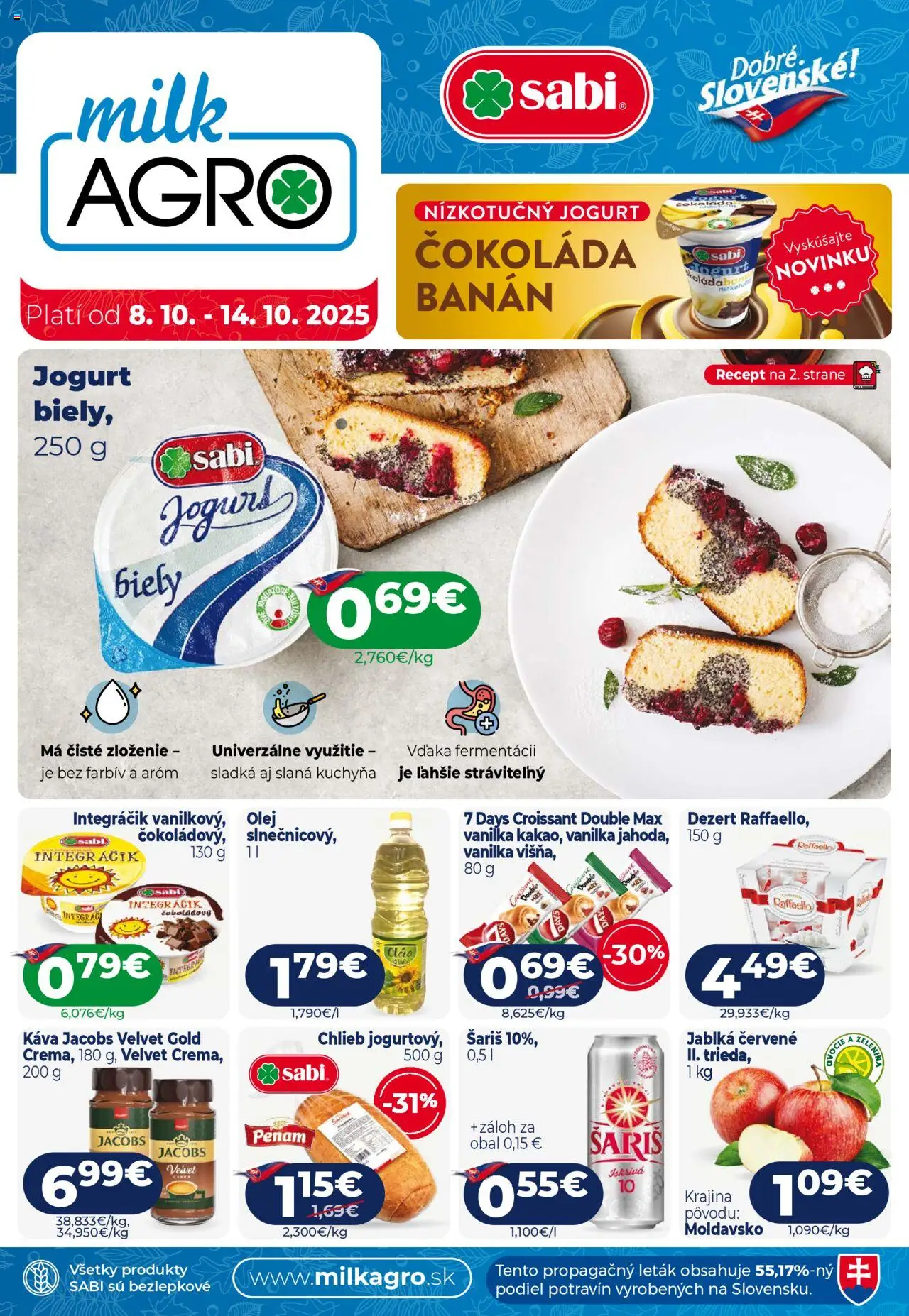 Nové Milk Agro akcie – leták je platný od 08.10.2025 | Strana: 1 | Produkty: Kuchyňa, Jablká, Croissant, Šariš