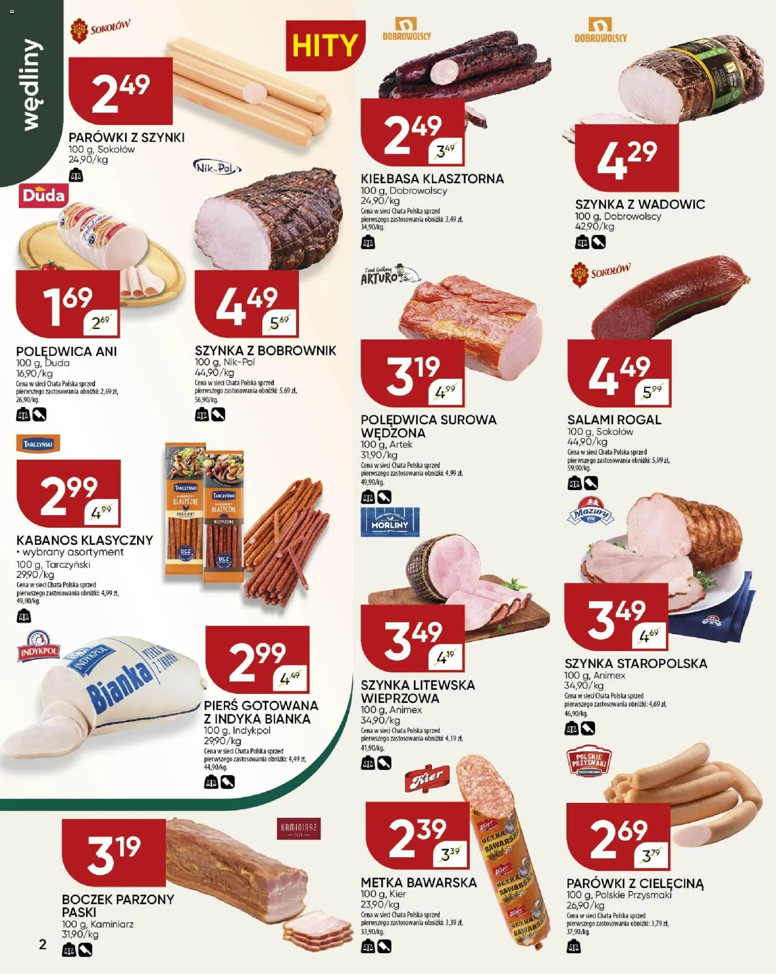 Chata Polska Gazetka od 23.10.2025 | Strona: 2 | Produkty: Kabanosy, Parówki, Szynka, Boczek parzony