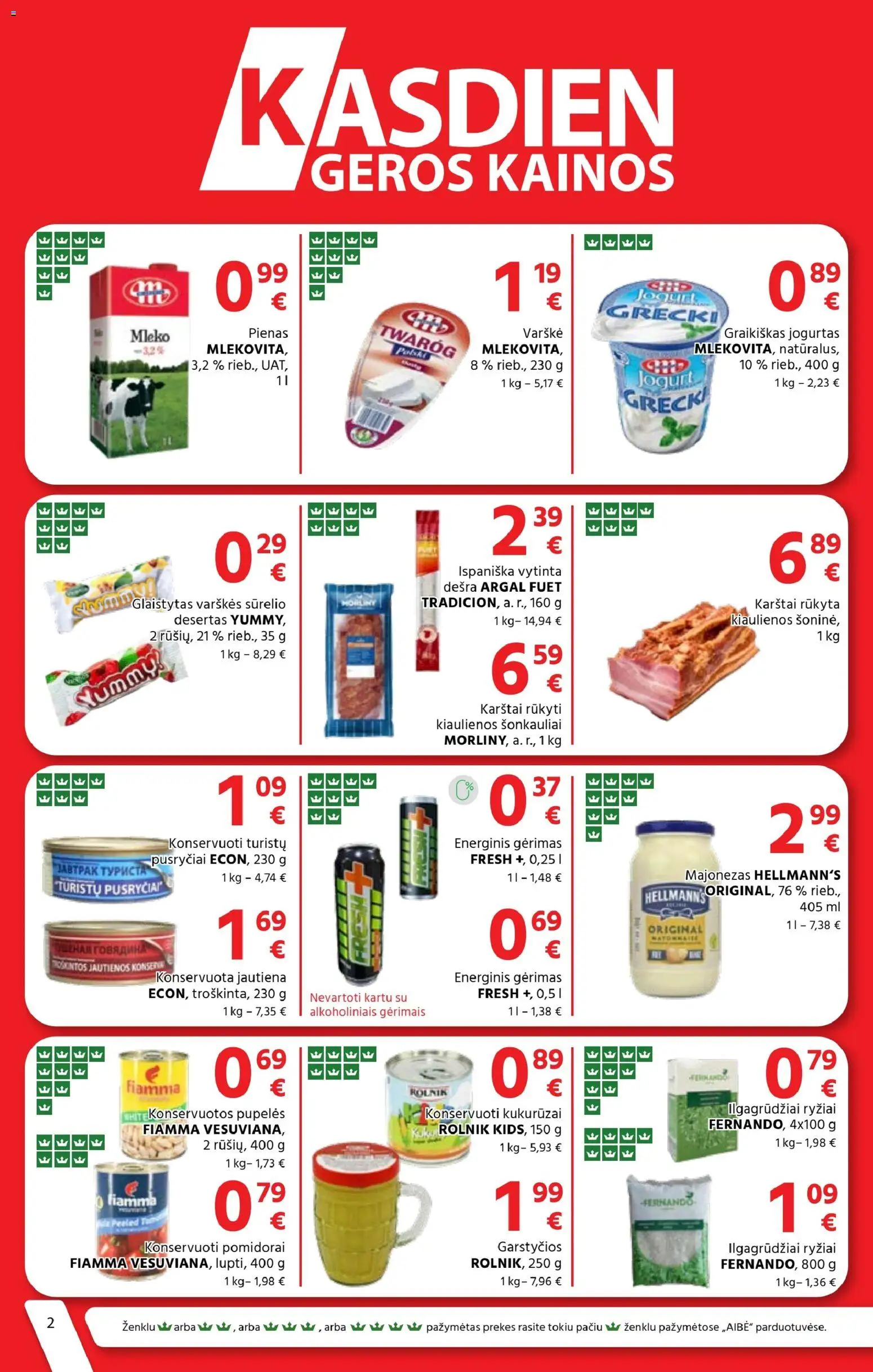 AIBE akcijos nuo 08.01.2026 | Puslapis: 2 | Prekių: Kukurūzai, Pienas, Dešra, Ryžiai