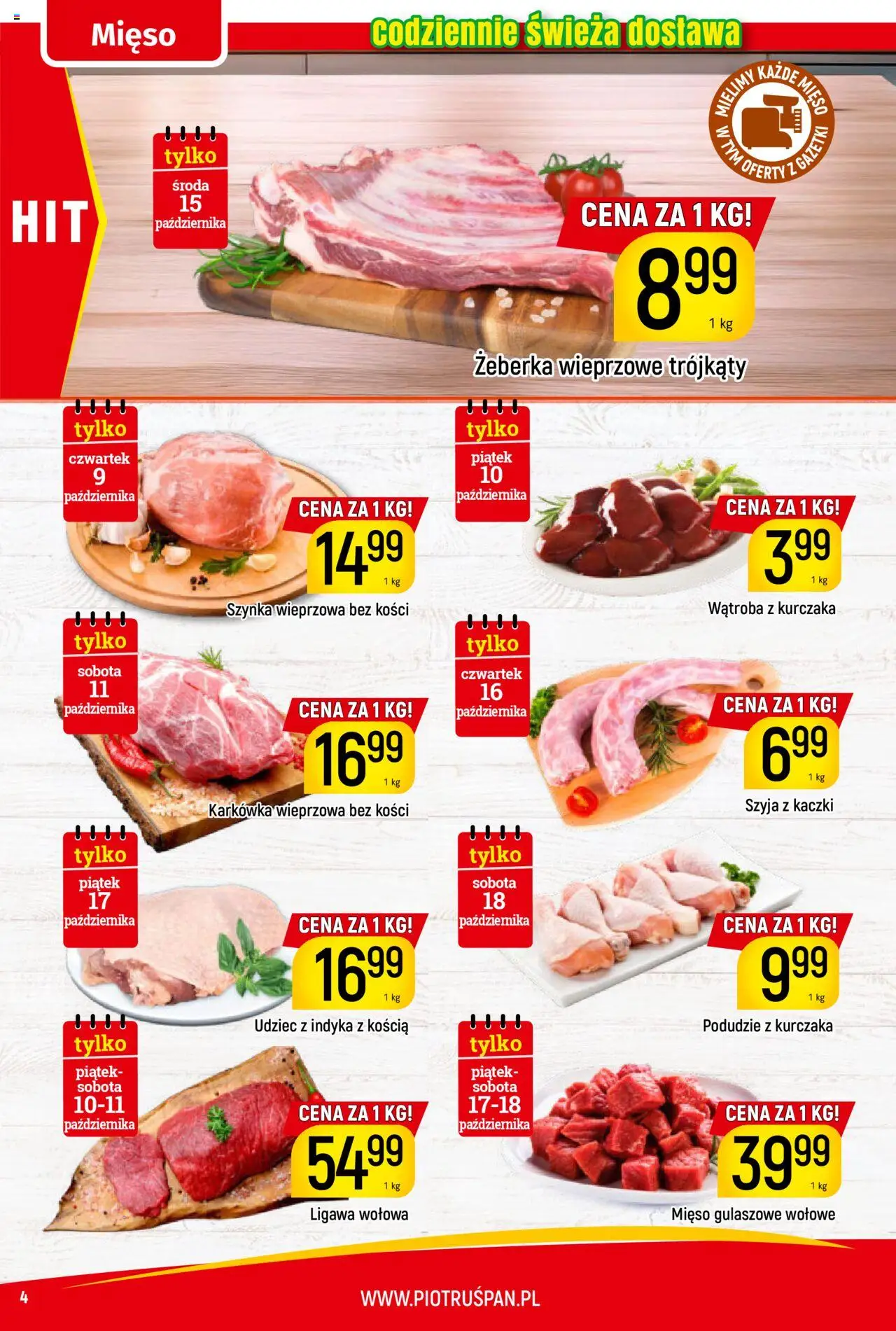 Piotruś Pan Gazetka od 09.10.2025 | Strona: 4 | Produkty: Karkówka, Mięso, Szynka wieprzowa, Szynka