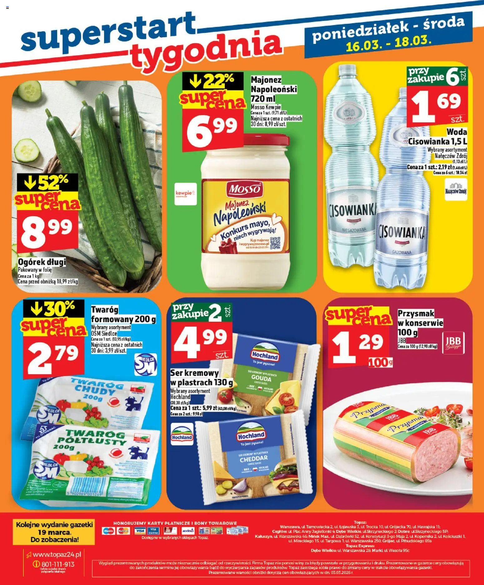Topaz gazetka - MAZ od 12.03.2026 | Strona: 28 | Produkty: Twaróg, Cheddar, Woda, Majonez