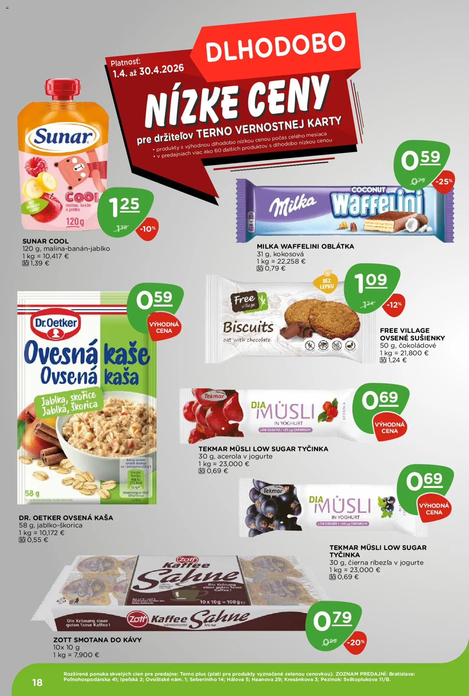 Nové Terno akcie – leták je platný od 09.04.2026 | Strana: 18 | Produkty: Smotana, Sunar, Milka