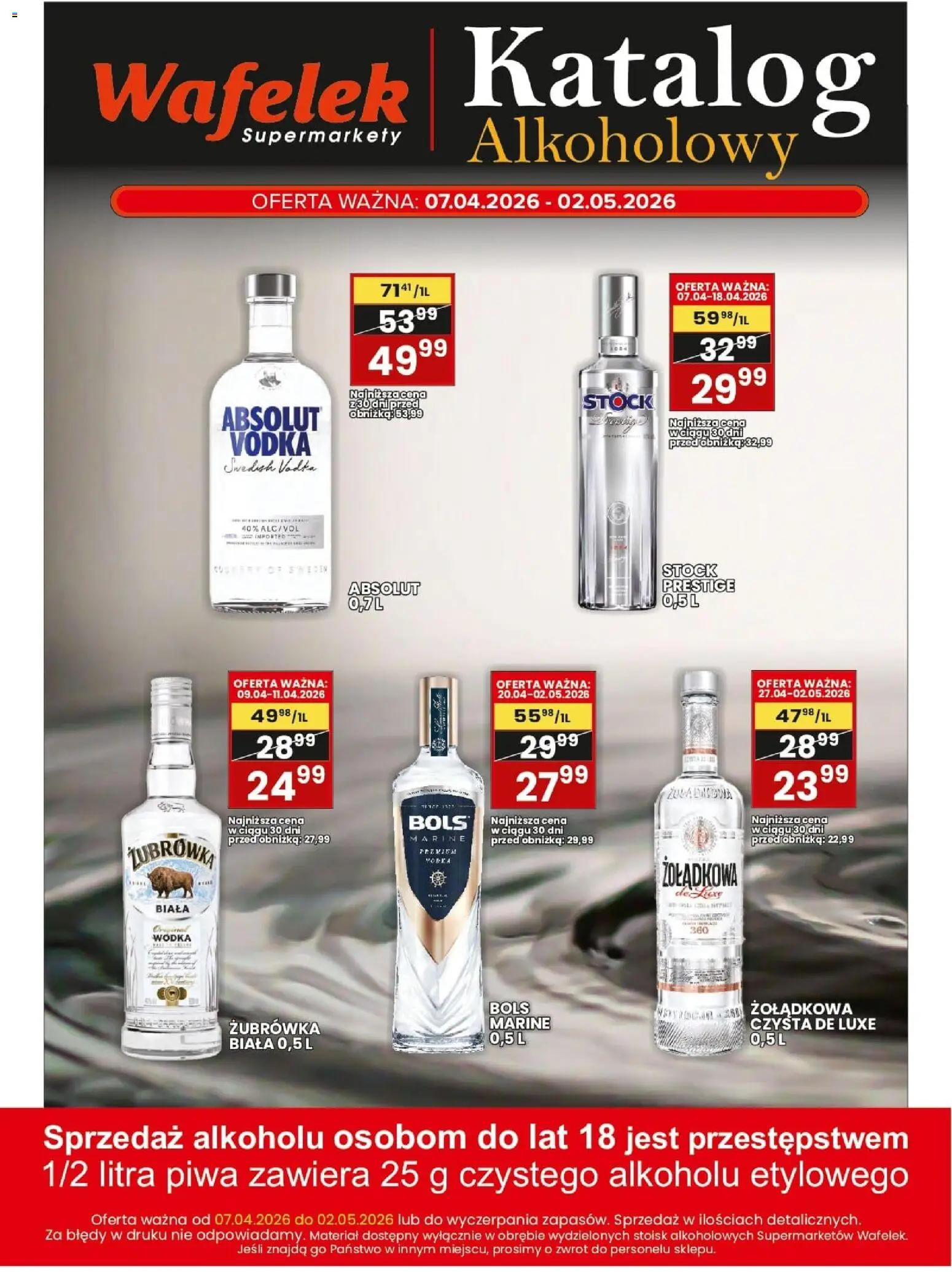 Wafelek gazetka alkoholowa od 07.04.2026 | Strona: 1 | Produkty: Żubrówka, Vodka, Wódka