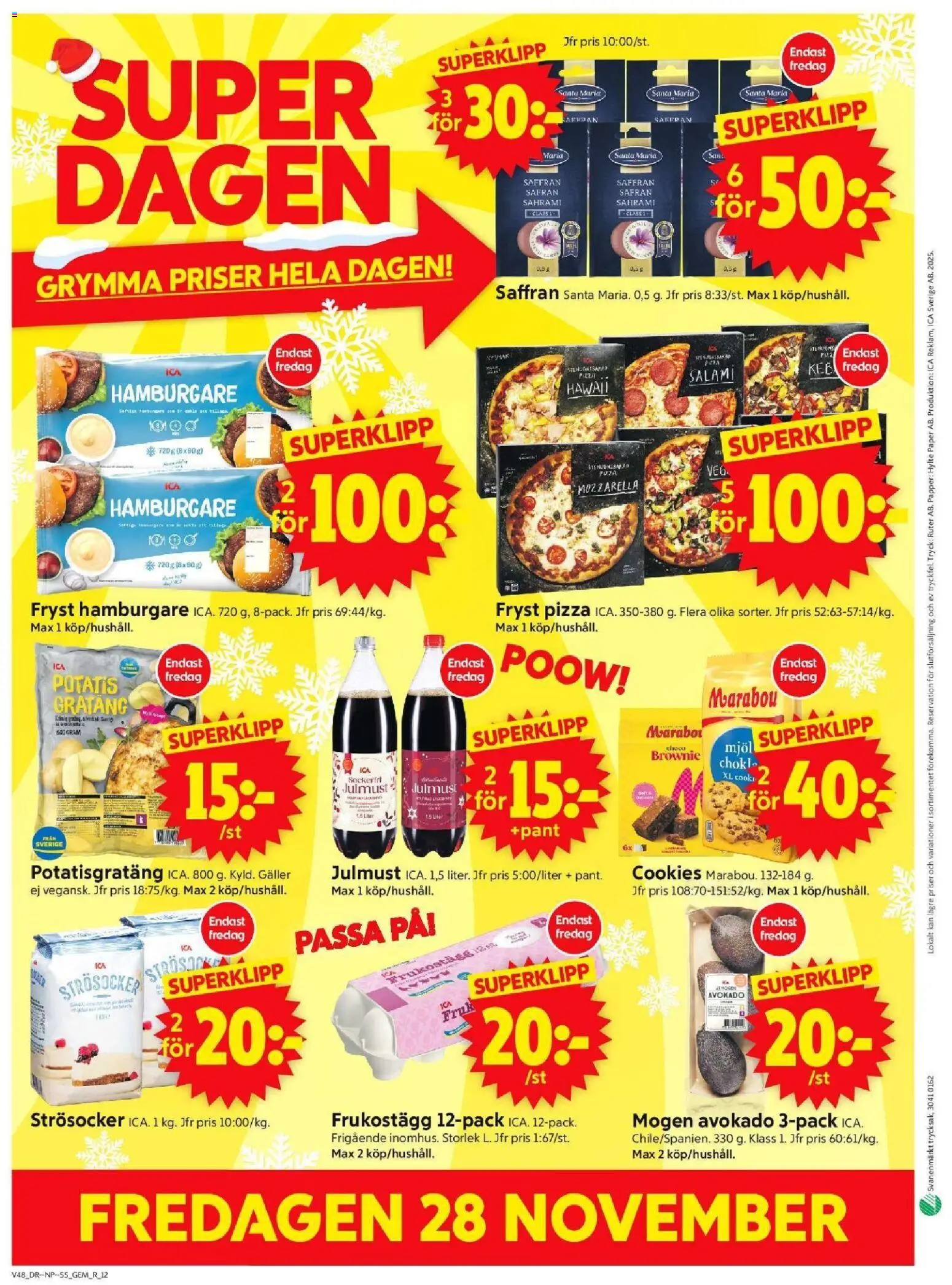 ICA Supermarket reklamblad aktuell från 24.11.2025 | Sida: 14 | Produkter: Strösocker, Hamburgare, Saffran, Papper